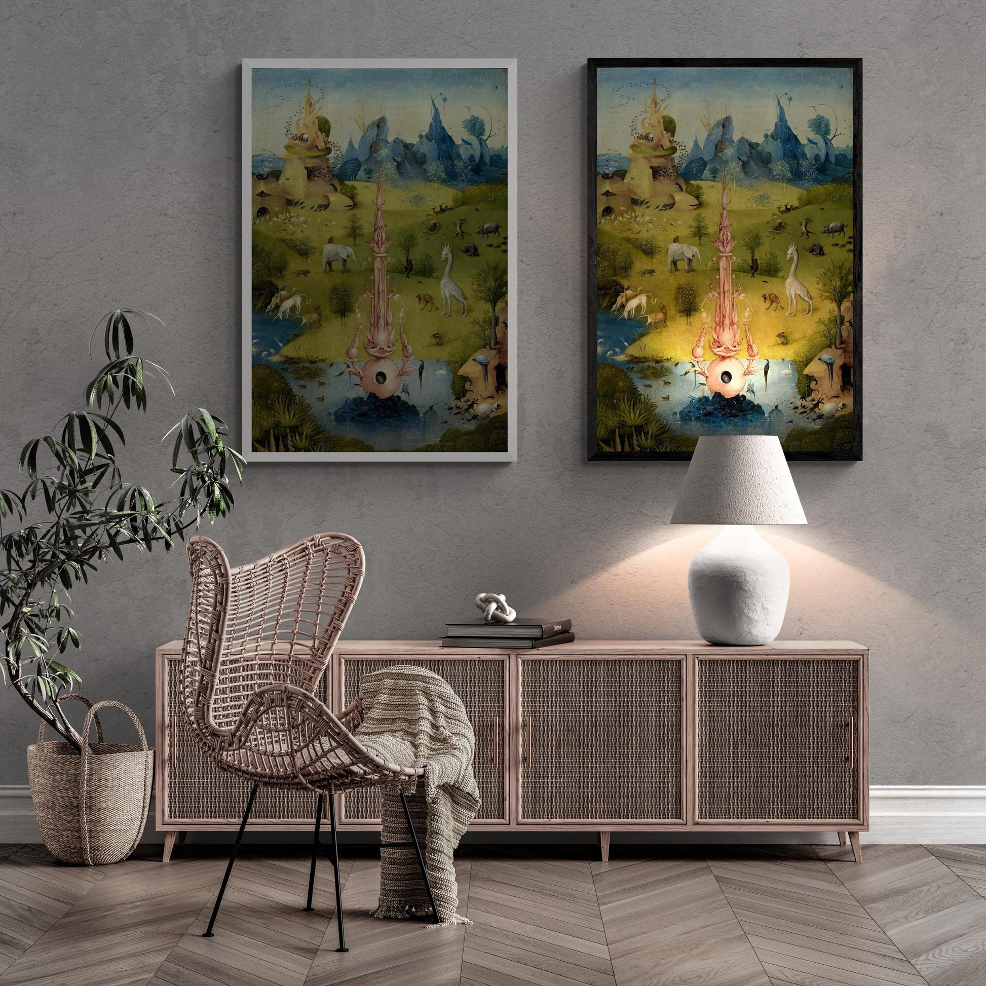Bosch canvas print reproduction: detail from Garden of Earthly Delights, Fountain of Paradise, Bosch Garden Canvas Print with floating frame FOSHE ART