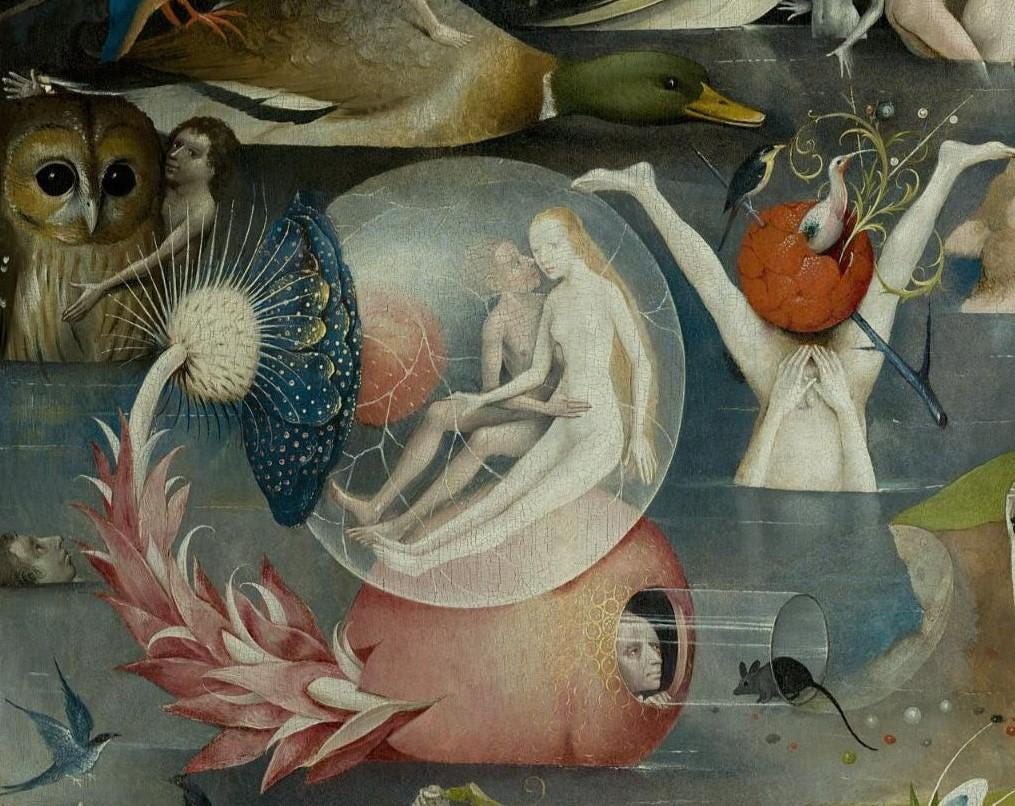 Bosch canvas print reproduction: detail from Garden of Earthly Delights, Couple in glass ball, Bosch Garden Canvas Print with floating frame FOSHE ART