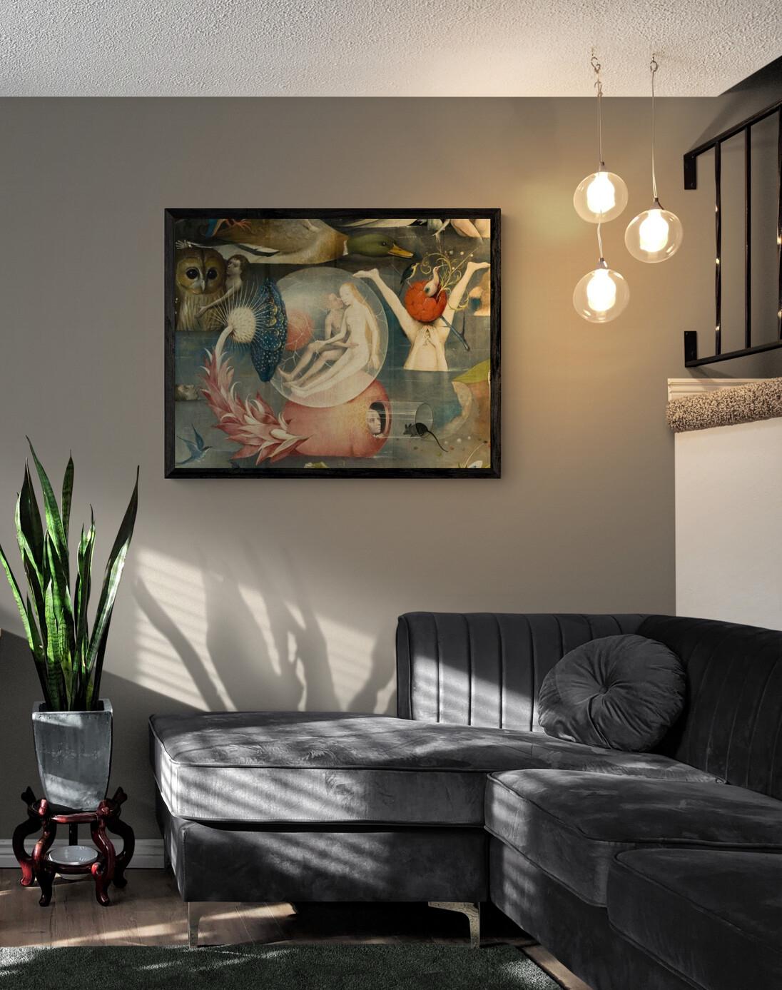 Bosch canvas print reproduction: detail from Garden of Earthly Delights, Couple in glass ball, Bosch Garden Canvas Print with floating frame FOSHE ART