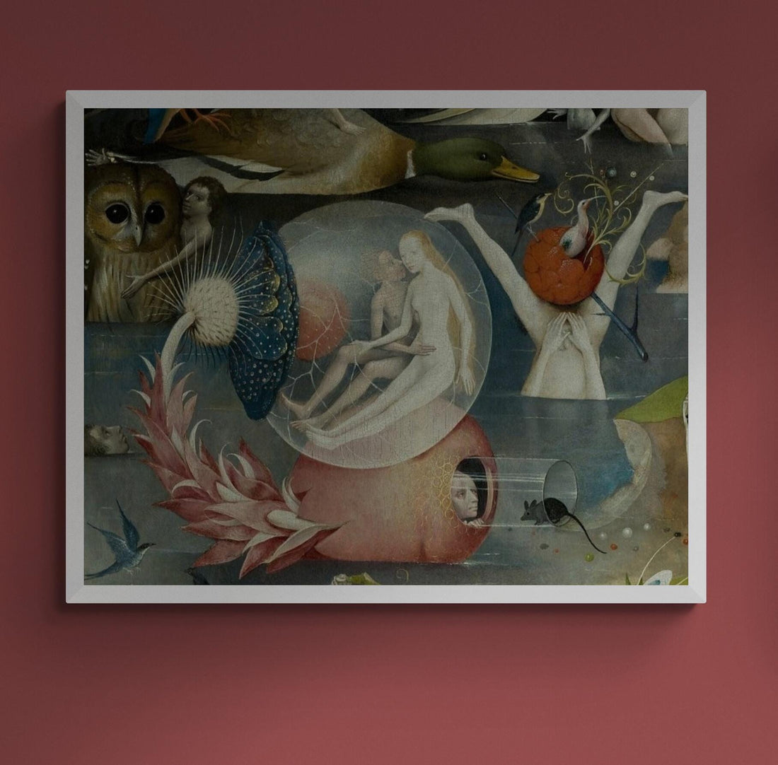 Bosch Garden of Earthly Delights Canvas Print: Couple in Glass Ball, Floating Frame FOSHE ART