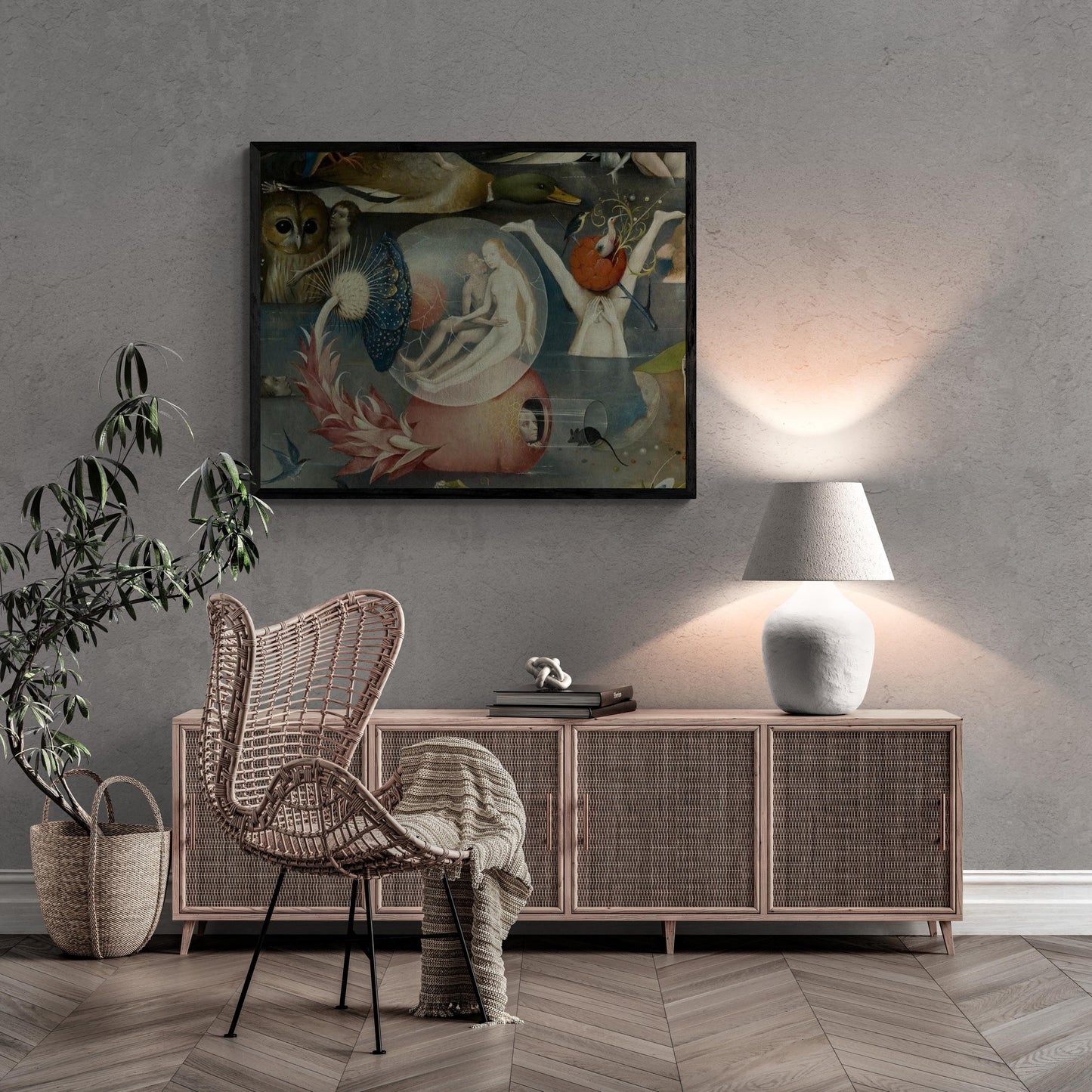 Bosch canvas print reproduction: detail from Garden of Earthly Delights, Couple in glass ball, Bosch Garden Canvas Print with floating frame FOSHE ART