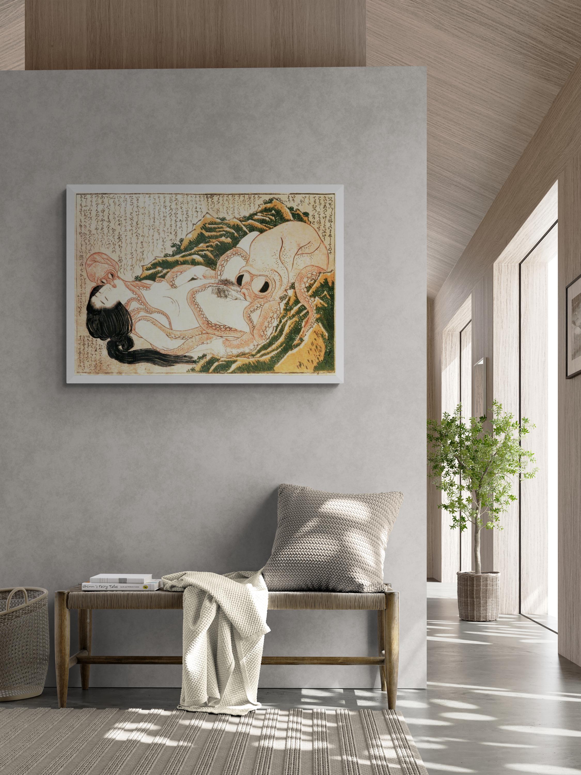 sensual art Katsushika Hokusai’s Dream of the Fisherman’s Wife, Hand Finished canvas with brush strokes looks like original + floating frame FOSHE ART