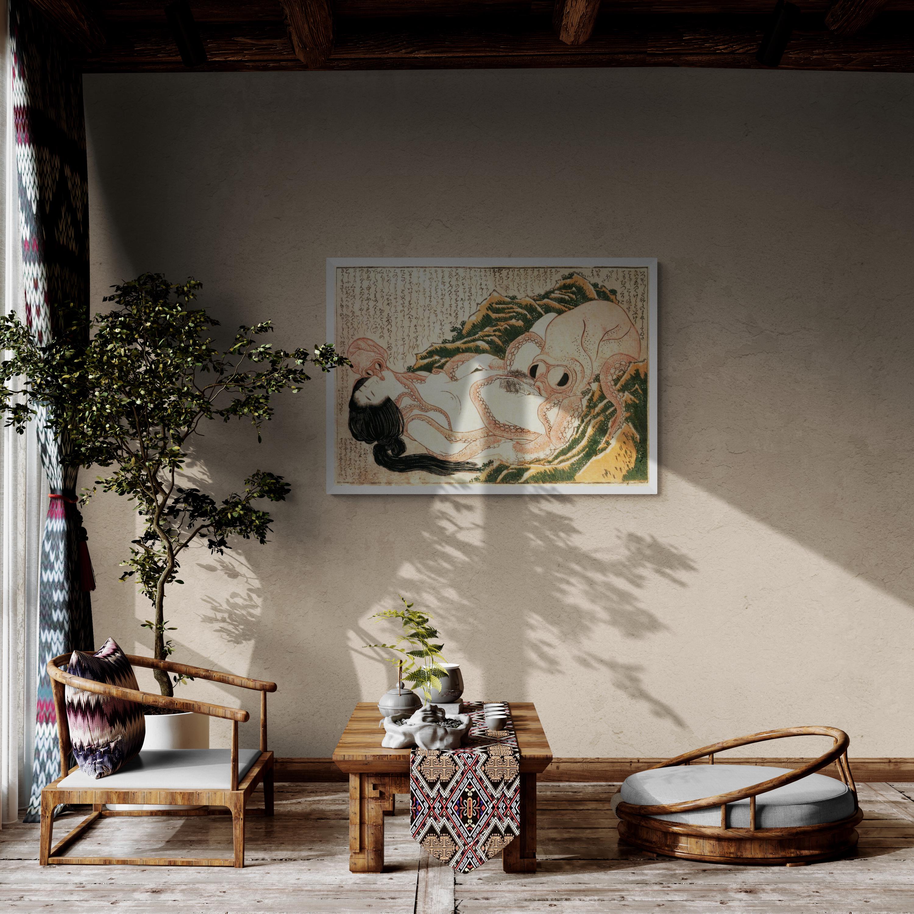 sensual art Katsushika Hokusai’s Dream of the Fisherman’s Wife, Hand Finished canvas with brush strokes looks like original + floating frame FOSHE ART