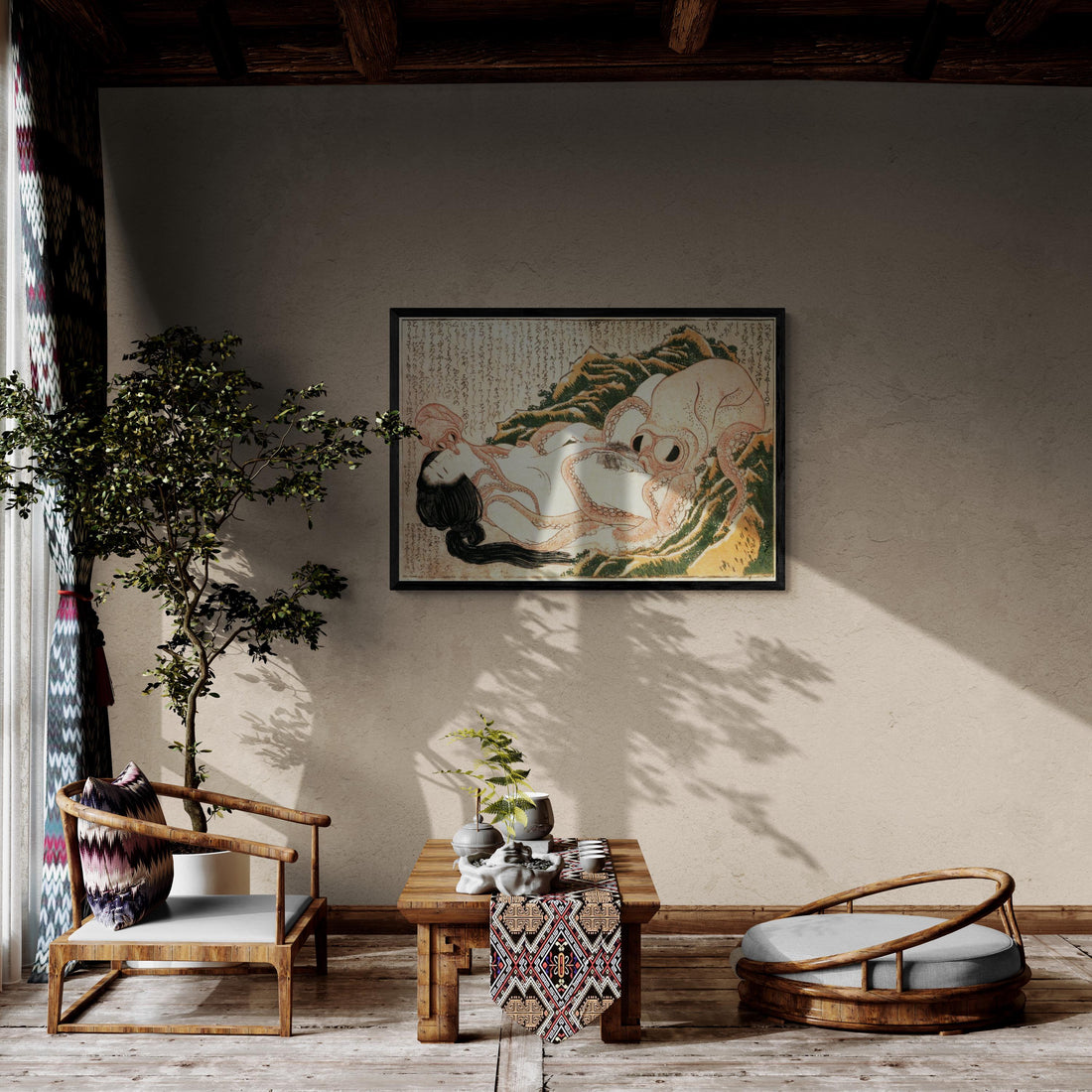 sensual art Katsushika Hokusai’s Dream of the Fisherman’s Wife, Hand Finished canvas with brush strokes looks like original + floating frame FOSHE ART