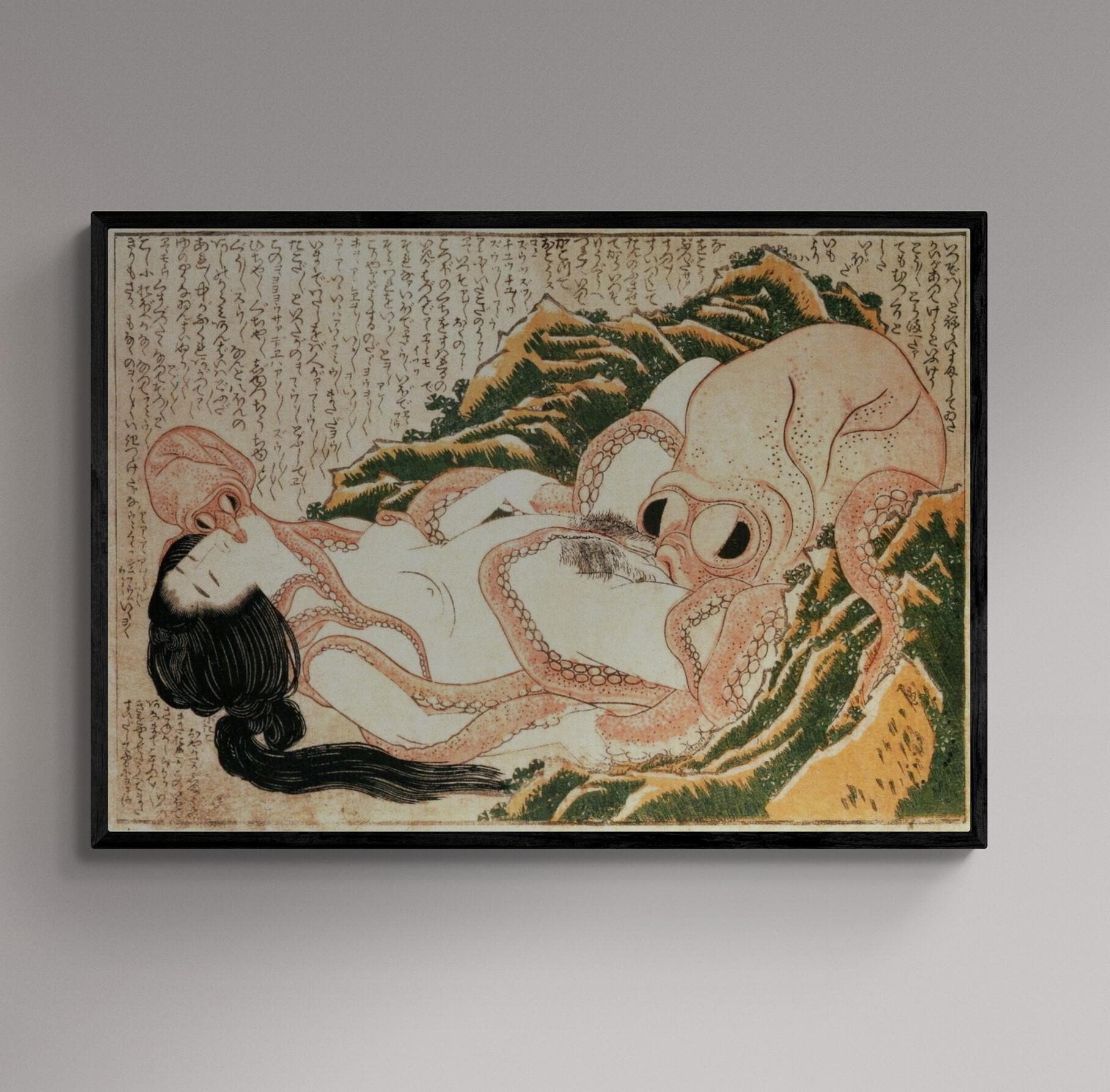 sensual art Katsushika Hokusai’s Dream of the Fisherman’s Wife, Hand Finished canvas with brush strokes looks like original + floating frame FOSHE ART