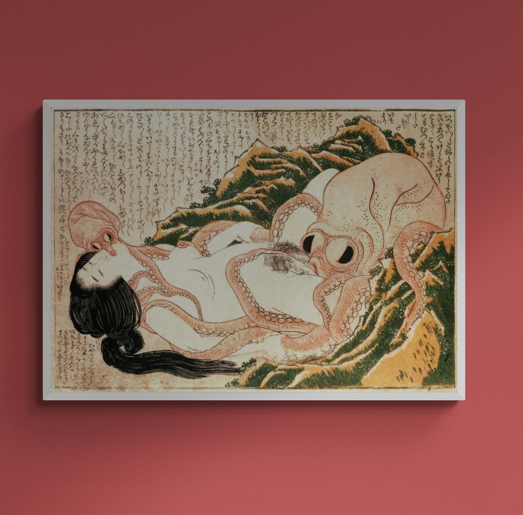 sensual art Katsushika Hokusai’s Dream of the Fisherman’s Wife, Hand Finished canvas with brush strokes looks like original + floating frame FOSHE ART