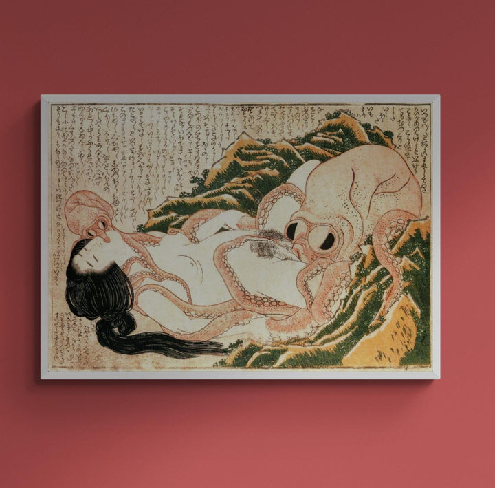 sensual art Katsushika Hokusai’s Dream of the Fisherman’s Wife, Hand Finished canvas with brush strokes looks like original + floating frame FOSHE ART