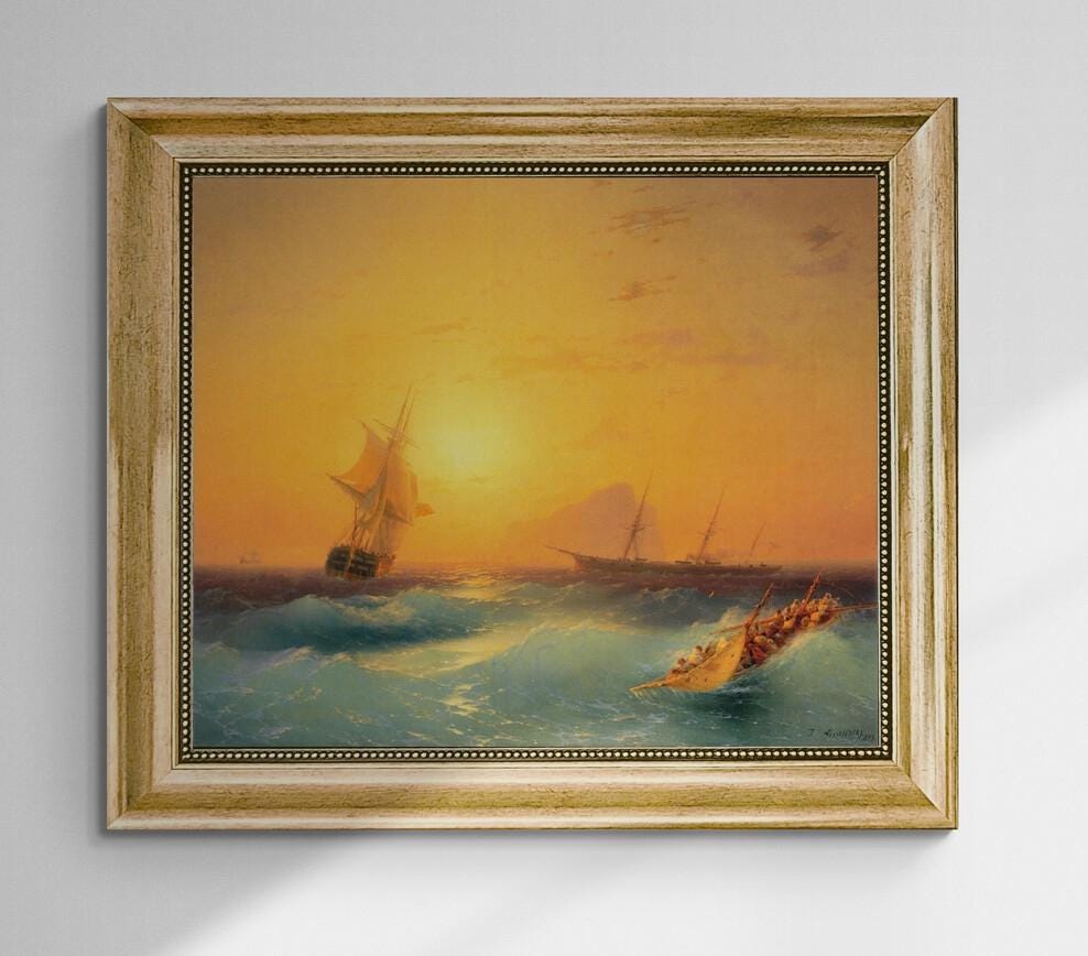 The American Ships at the Rock of Gibraltar canvas giclee premium print with brush strokes and golden vintageous frame looks like original FOSHE ART