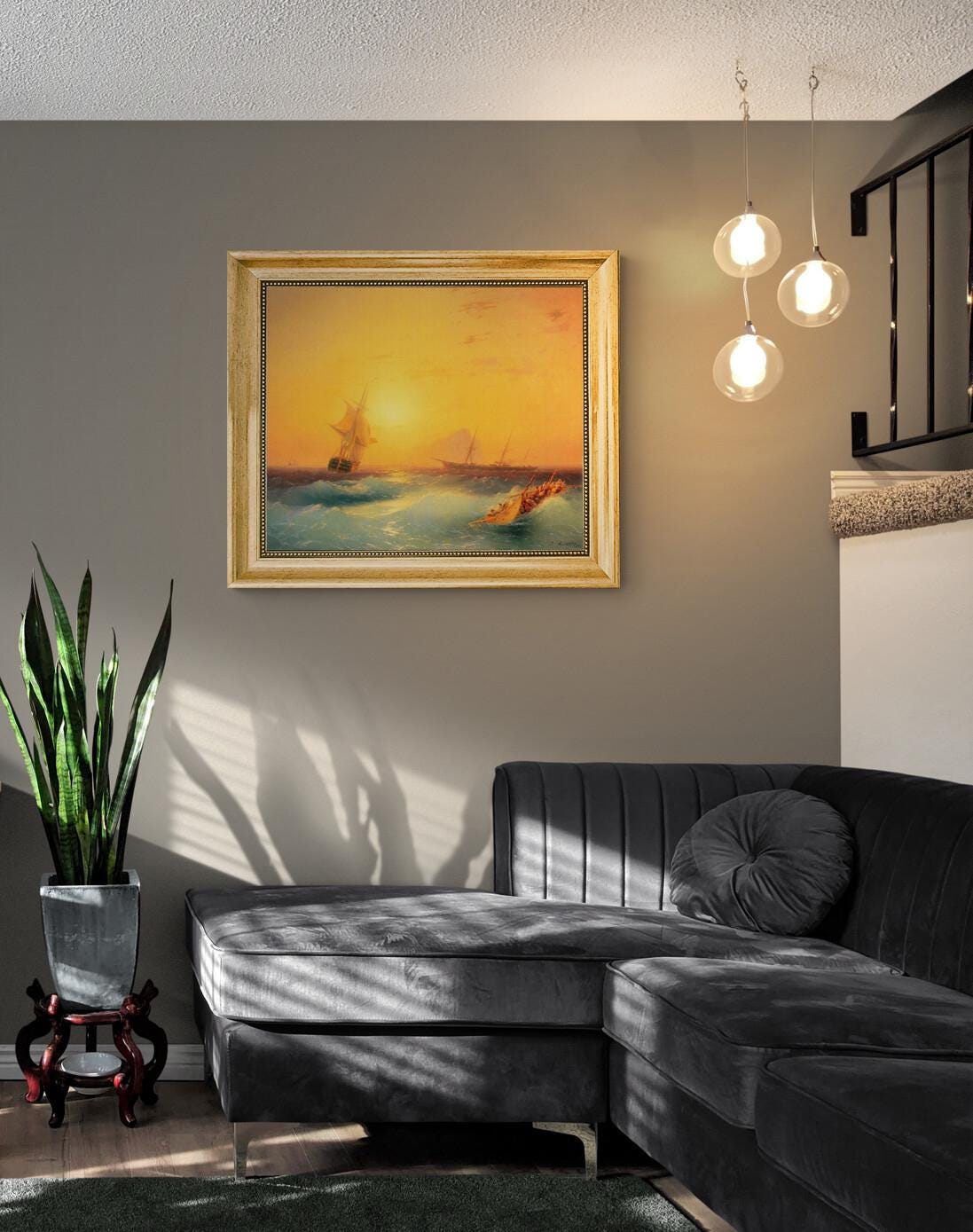 Aivazovsky Gibraltar Seascape Canvas Print with Vintage Golden Frame FOSHE ART