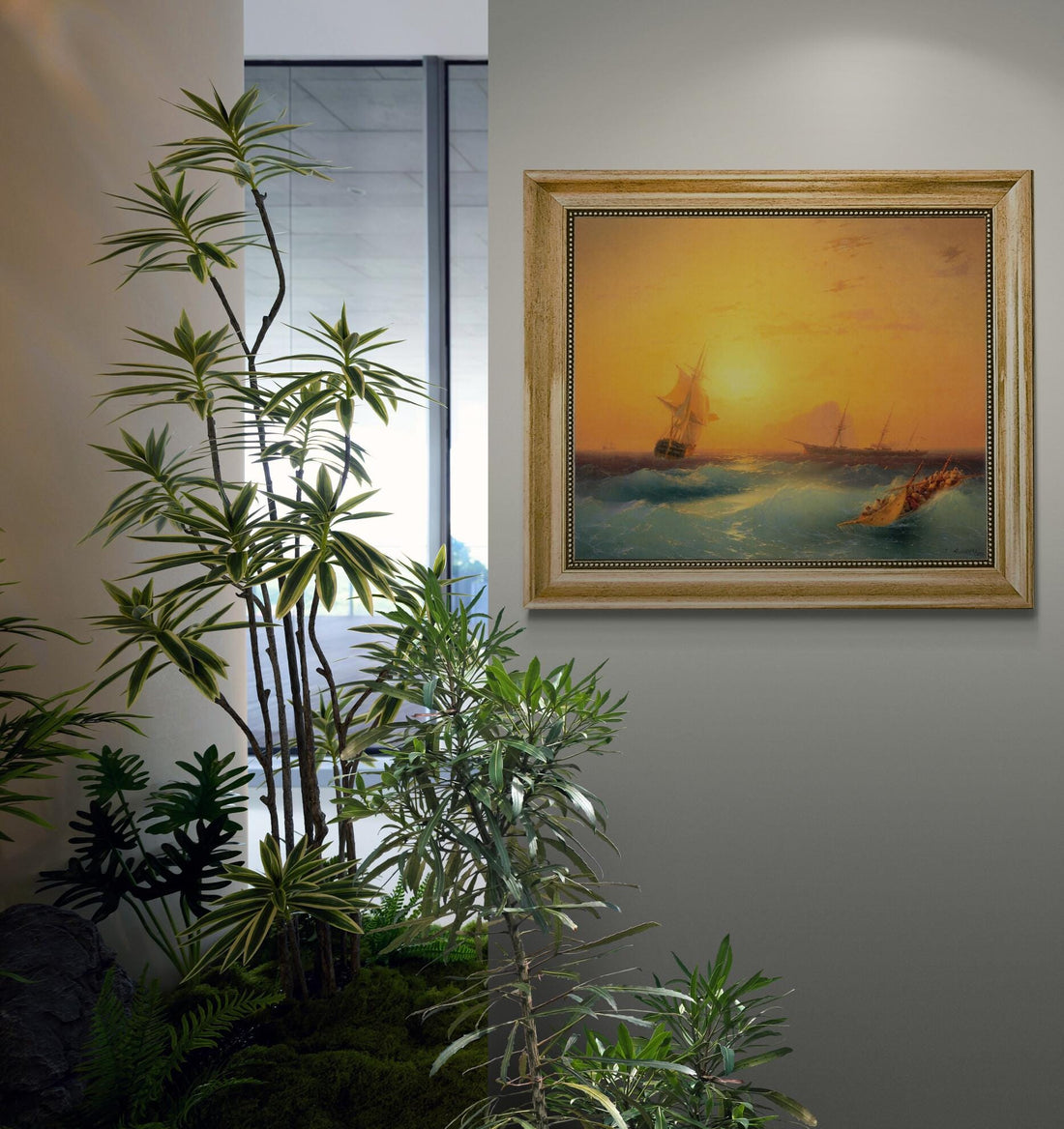 The American Ships at the Rock of Gibraltar canvas giclee premium print with brush strokes and golden vintageous frame looks like original FOSHE ART