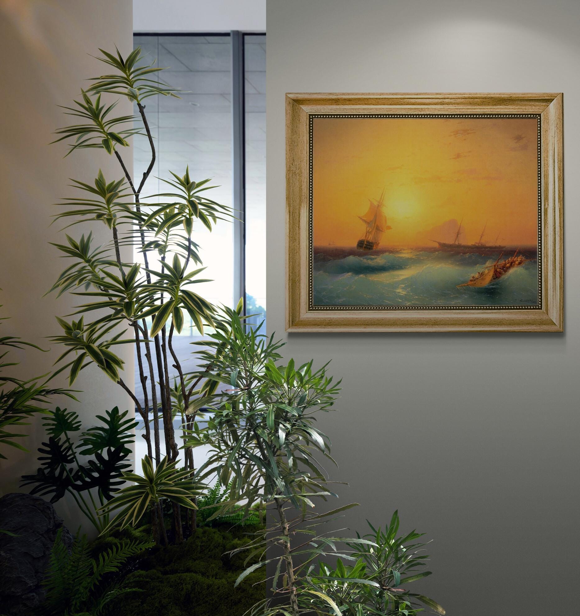 The American Ships at the Rock of Gibraltar canvas giclee premium print with brush strokes and golden vintageous frame looks like original FOSHE ART