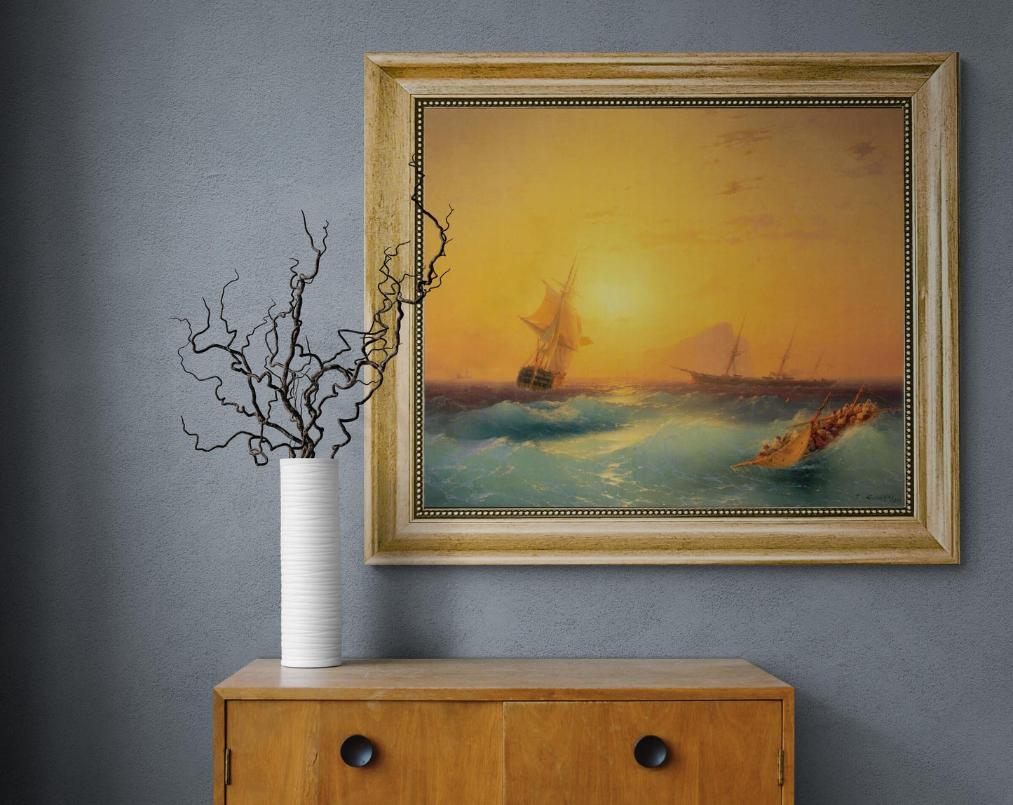 The American Ships at the Rock of Gibraltar canvas giclee premium print with brush strokes and golden vintageous frame looks like original FOSHE ART