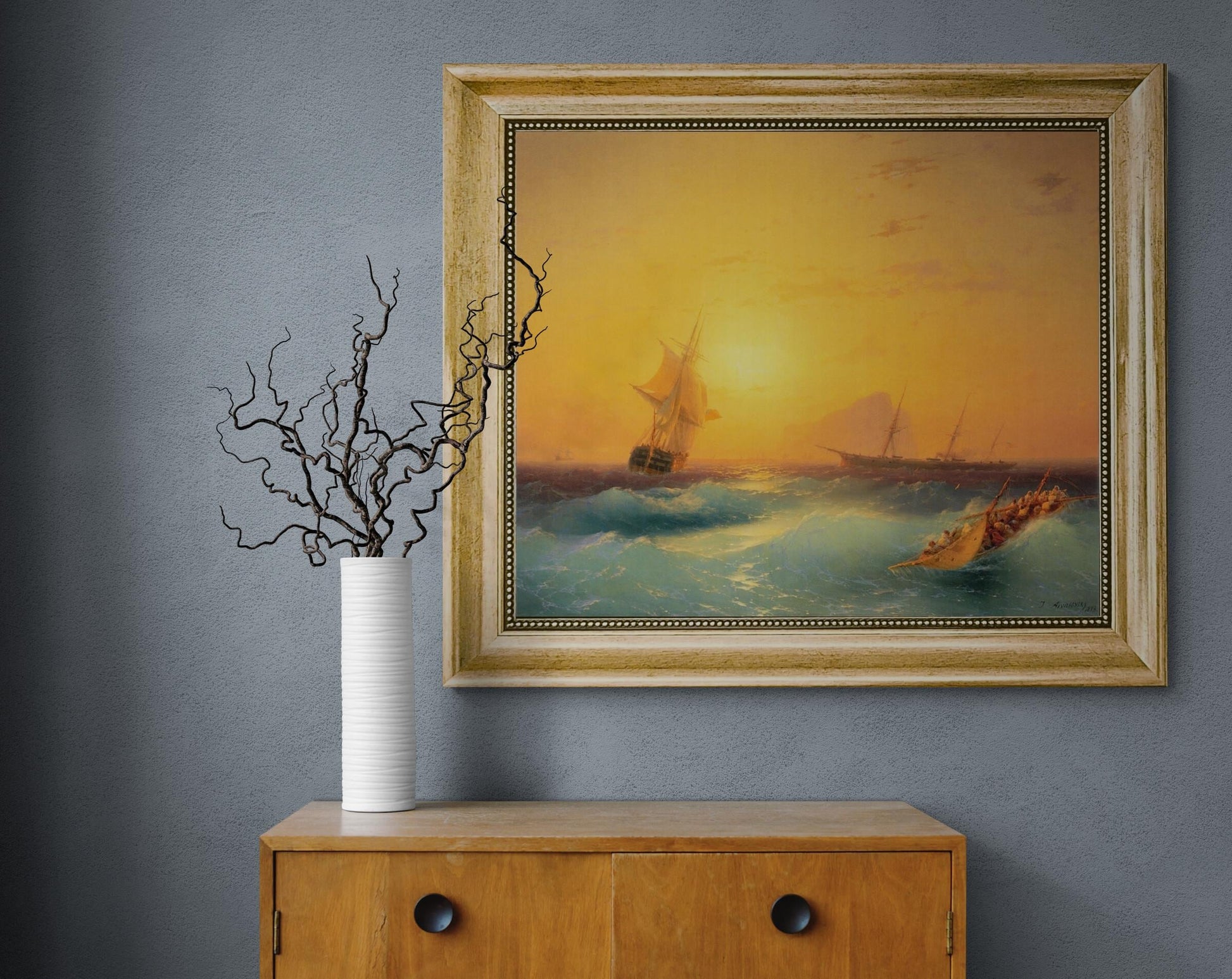 The American Ships at the Rock of Gibraltar canvas giclee premium print with brush strokes and golden vintageous frame looks like original FOSHE ART