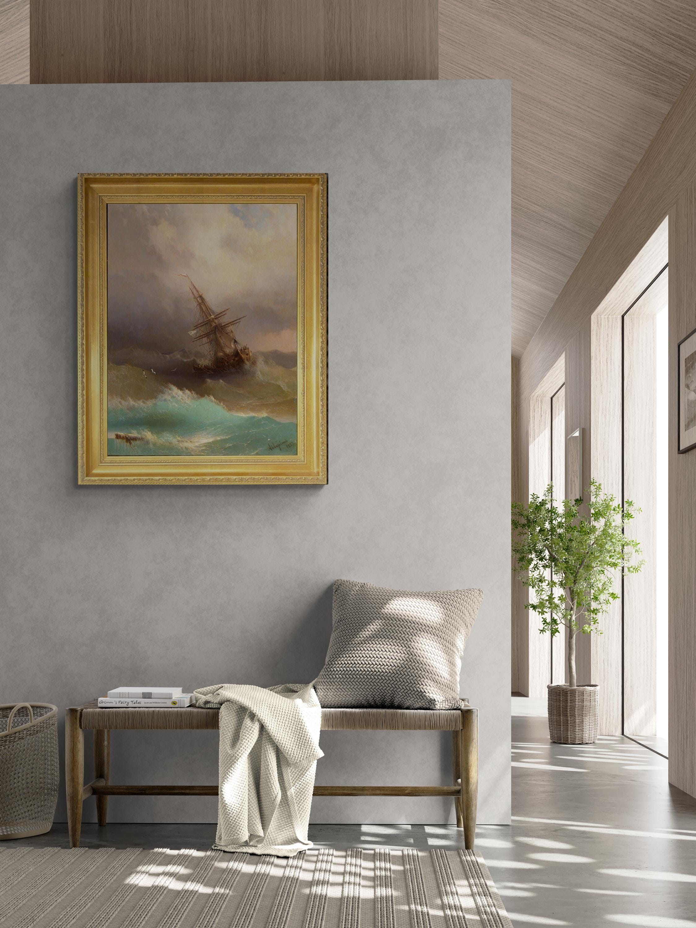 Aivazovsky "Ship in Stormy Sea" Canvas Print, Golden Vintage Frame FOSHE ART