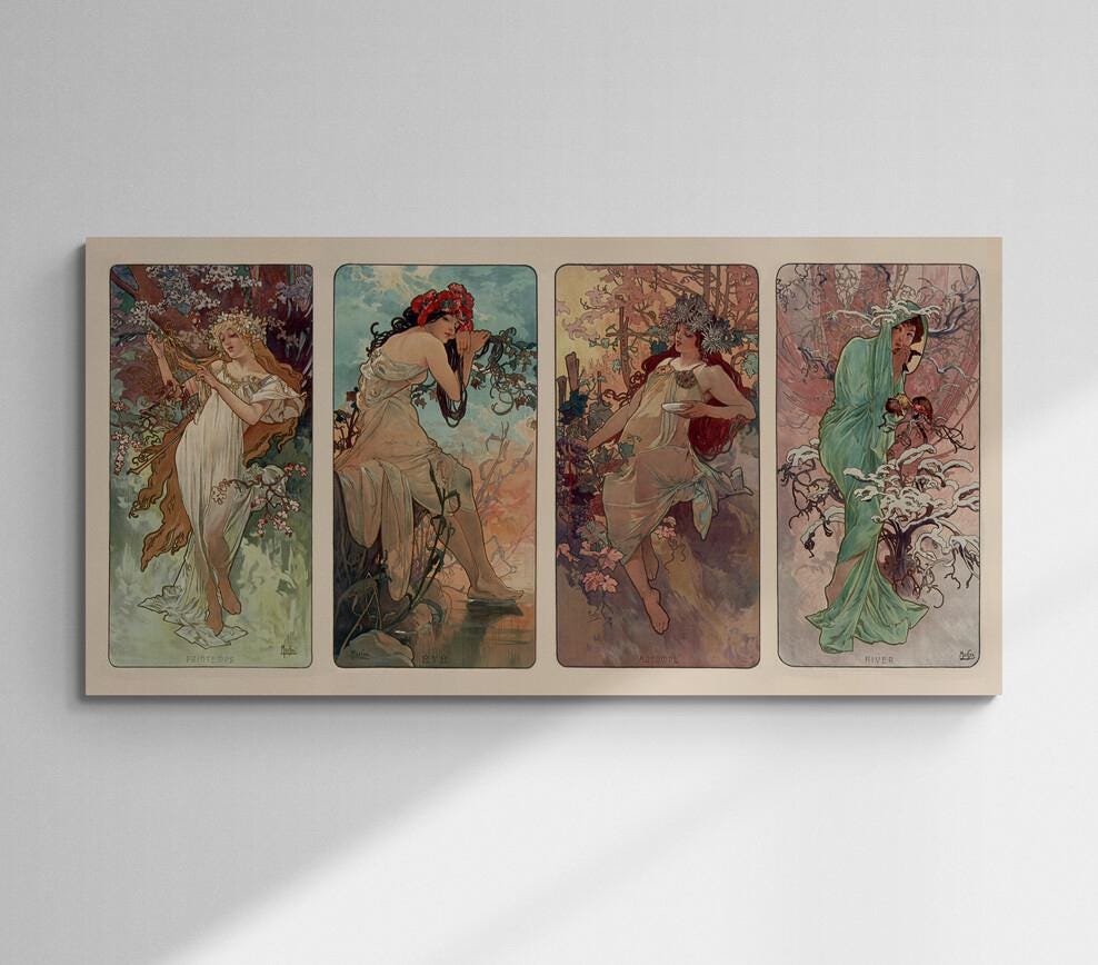 Timeless Art Nouveau: Alfons Mucha - Four Seasons | Fine Art Print | Art Paper, Poster, Canvas or Hand Finished Print with brush strokes FOSHE ART