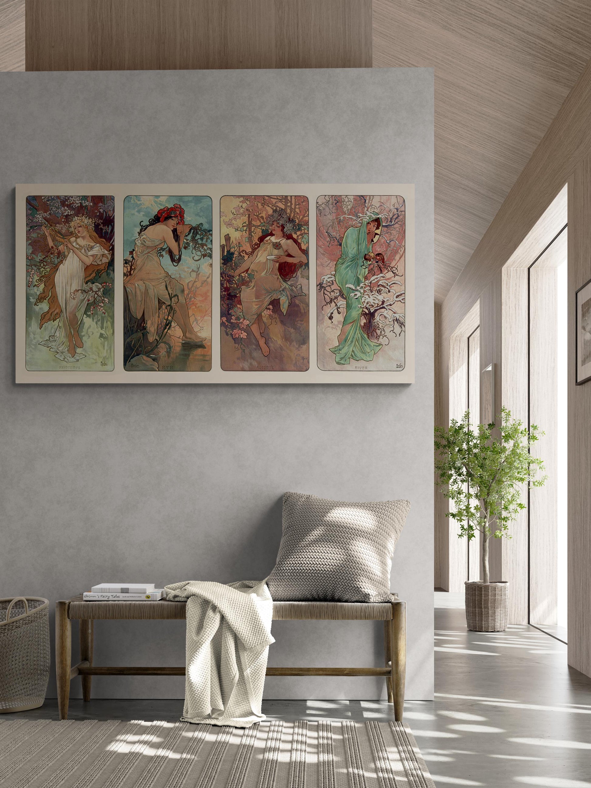 Timeless Art Nouveau: Alfons Mucha - Four Seasons | Fine Art Print | Art Paper, Poster, Canvas or Hand Finished Print with brush strokes FOSHE ART