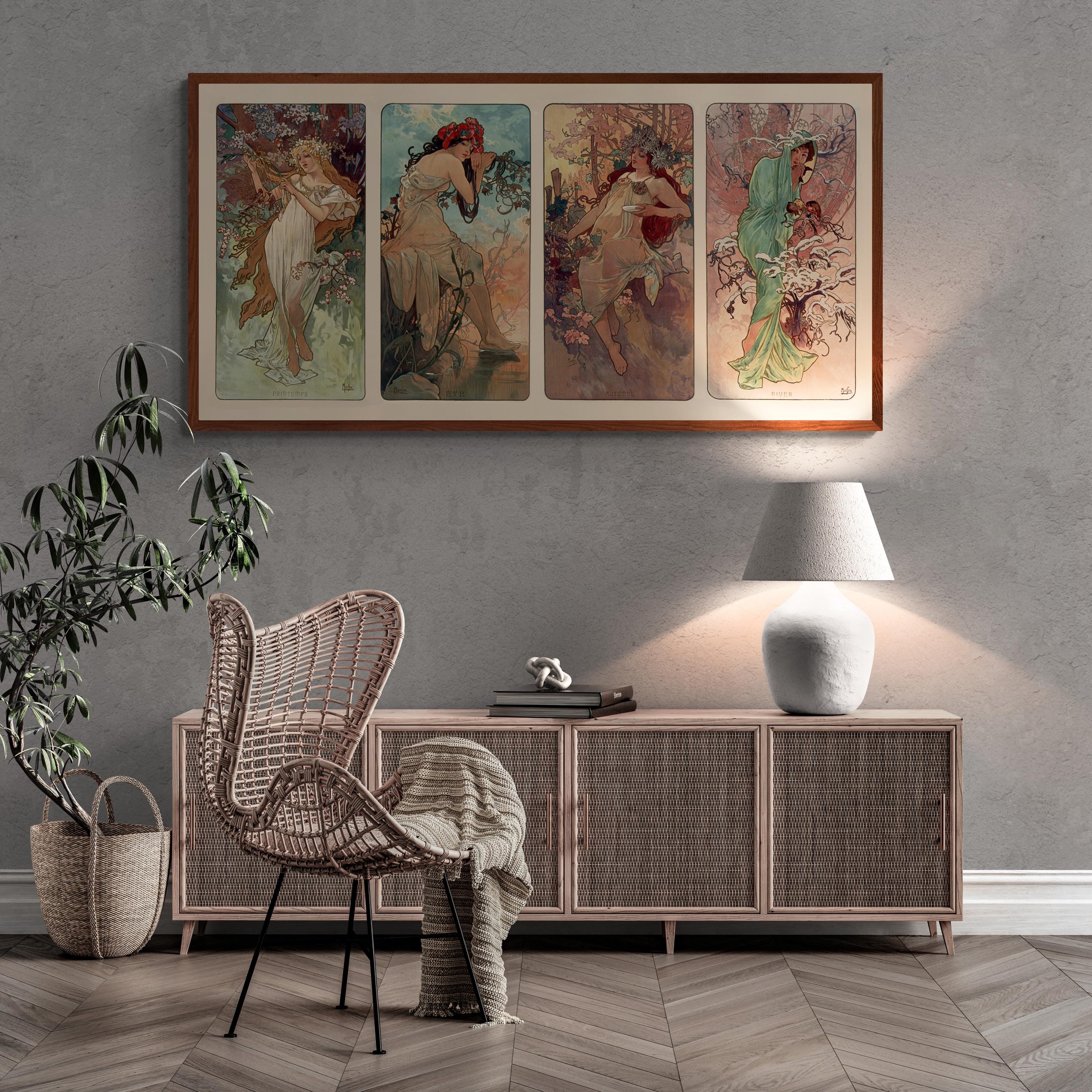 Timeless Art Nouveau: Alfons Mucha - Four Seasons | Fine Art Print | Art Paper, Poster, Canvas or Hand Finished Print with brush strokes FOSHE ART