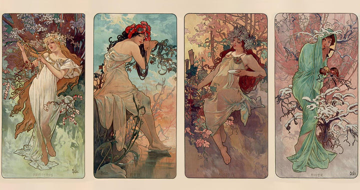 Timeless Art Nouveau: Alfons Mucha - Four Seasons | Fine Art Print | Art Paper, Poster, Canvas or Hand Finished Print with brush strokes FOSHE ART
