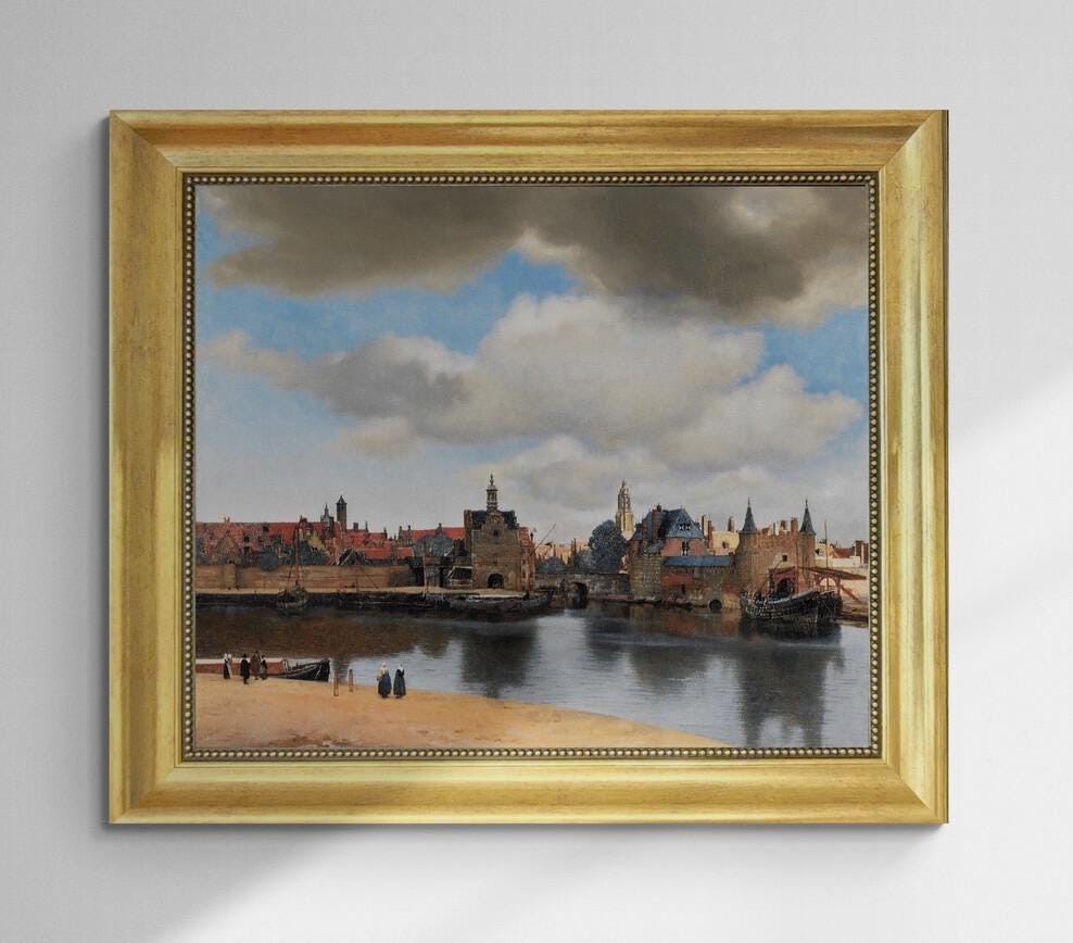 Johannes Vermeer View of Delft Gliclée canvas hand finished premium print with brush strokes and golden vintageous frame looks like original FOSHE ART