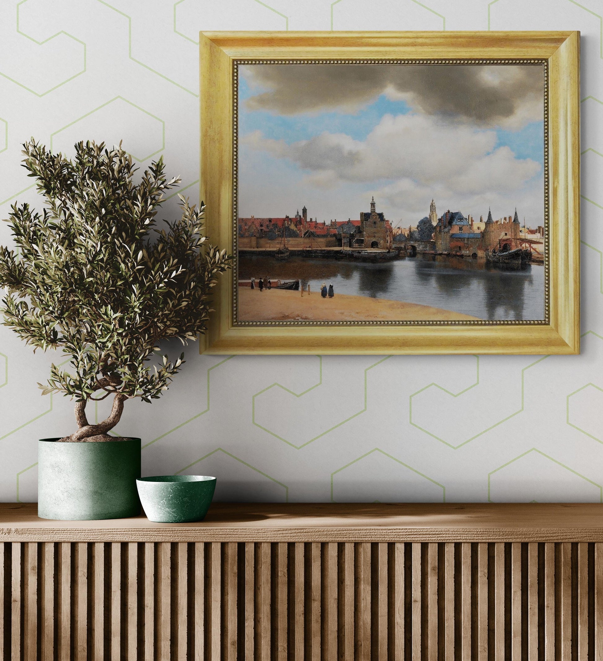 Johannes Vermeer View of Delft Gliclée canvas hand finished premium print with brush strokes and golden vintageous frame looks like original FOSHE ART