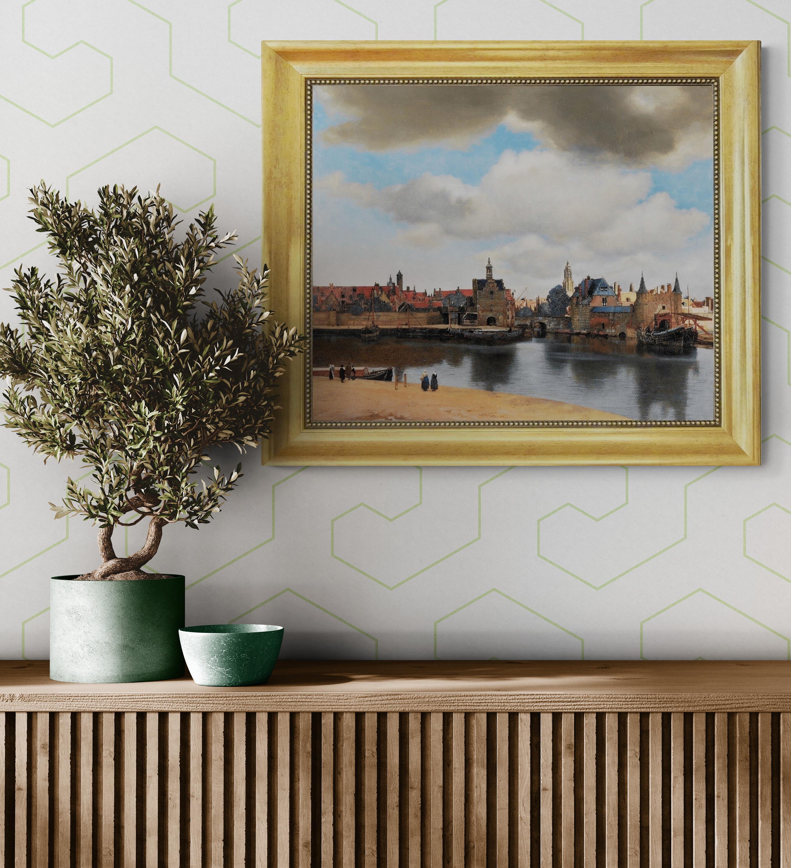 Vermeer View of Delft Canvas Print with Golden Vintage Frame FOSHE ART