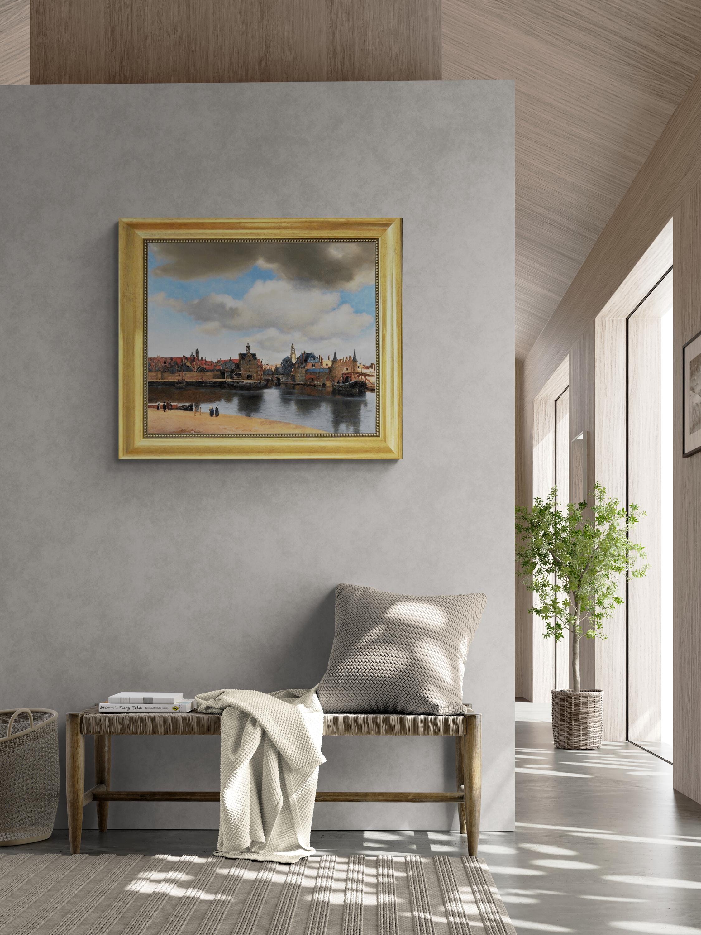 Vermeer View of Delft Canvas Print with Golden Vintage Frame FOSHE ART