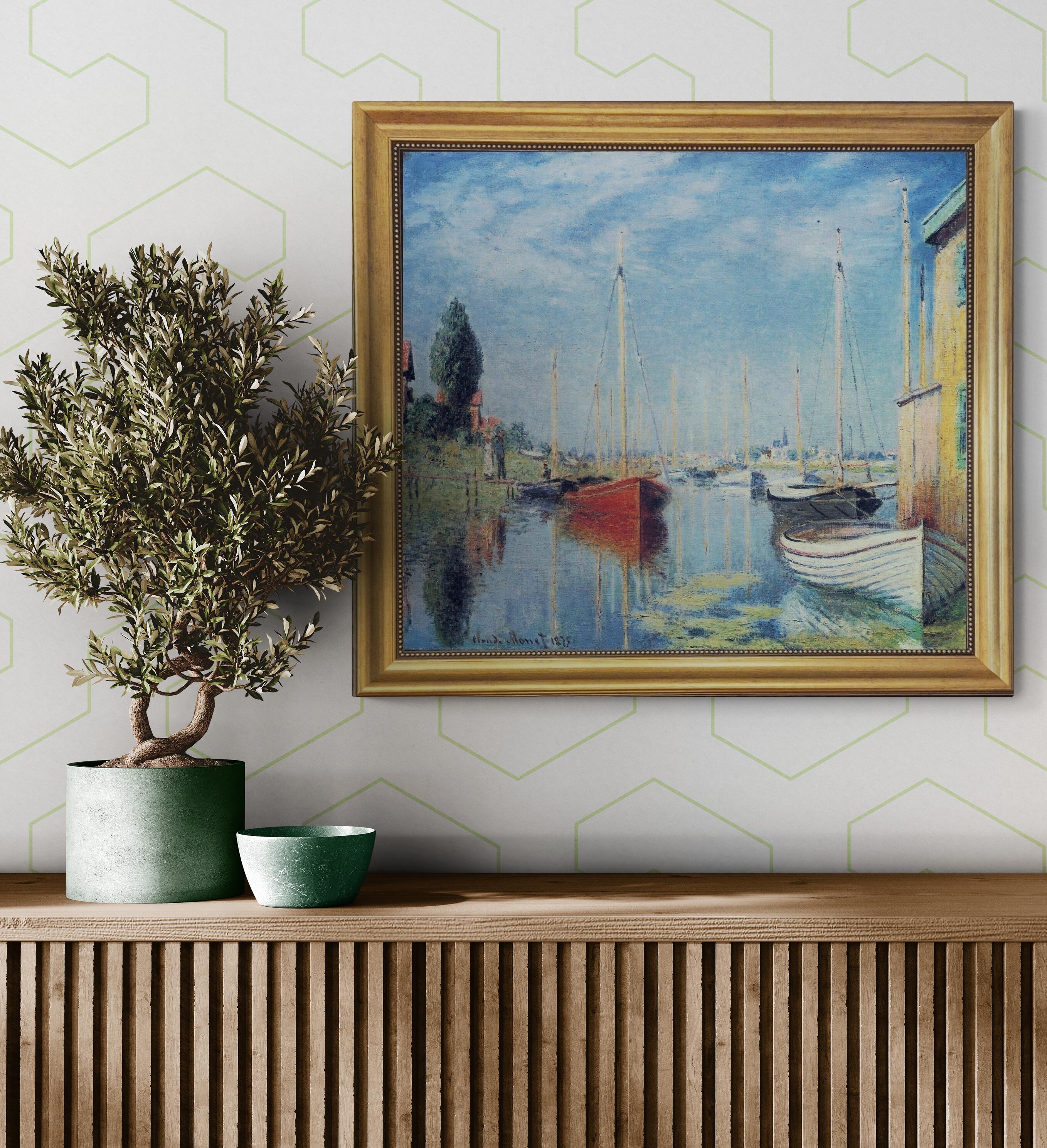 Monet Argenteuil Yachts Painting, Framed Canvas Print, Brush Strokes, Vintage Gold Frame FOSHE ART