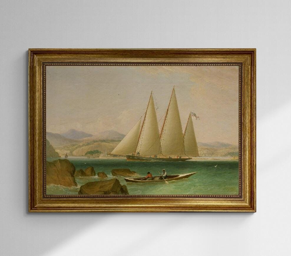 A Bermuda Schooner Yacht Offshore 3D premium canvas print hand finished with brush strokes and golden vintageous frame looks like original FOSHE ART