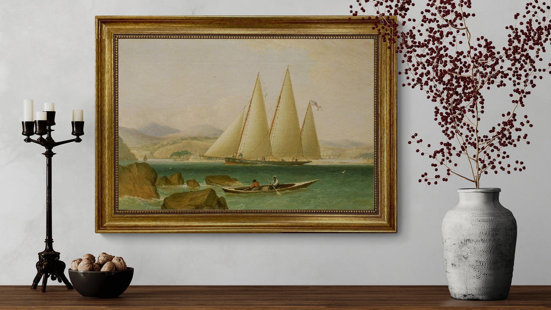 Bermuda Schooner Yacht Art Print with Vintage Golden Frame FOSHE ART