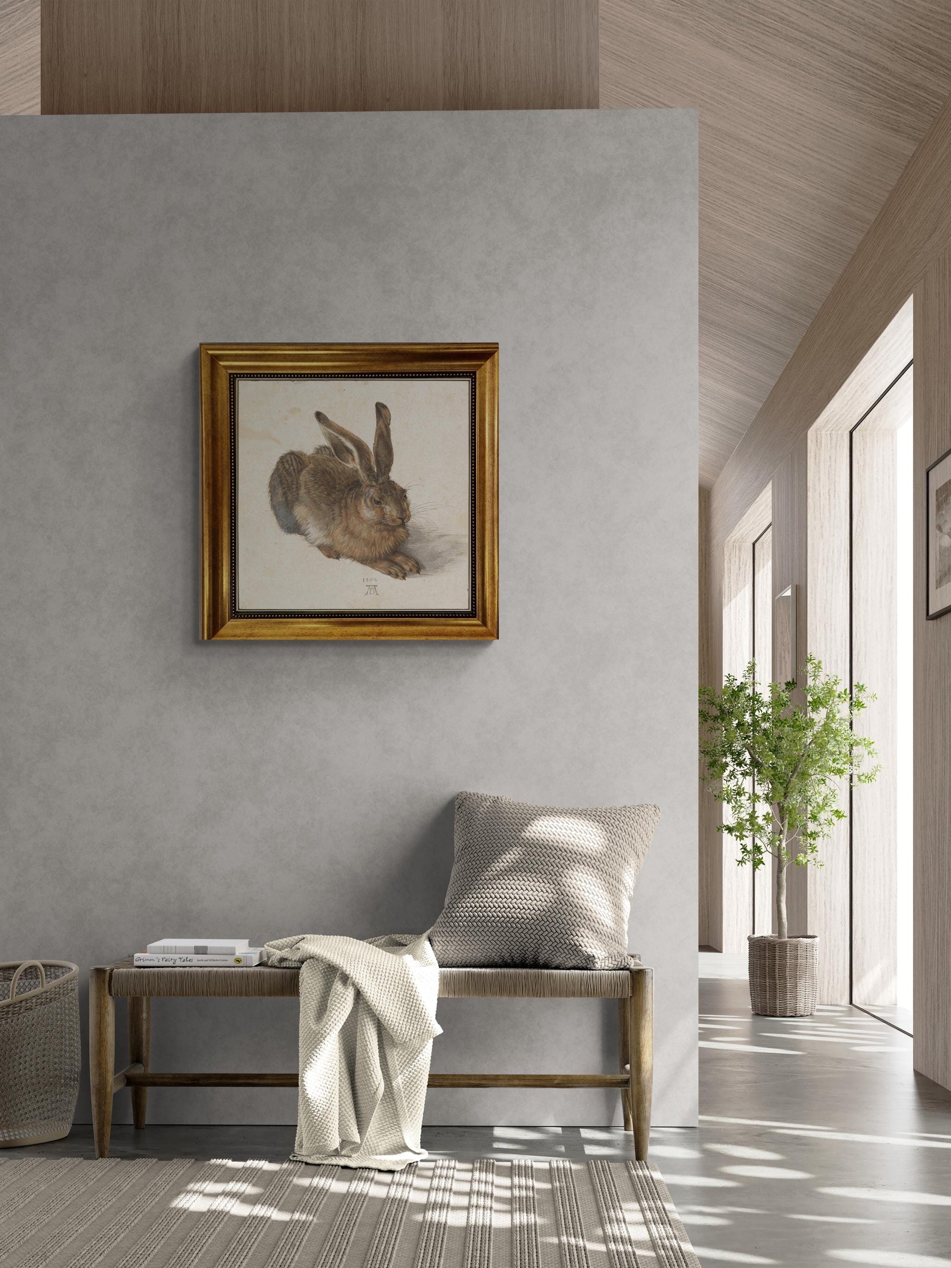 Young Hare by Albrecht Dürer, Gliclée canvas hand finished premium print with brush strokes and golden vintageous frame looks like original FOSHE ART