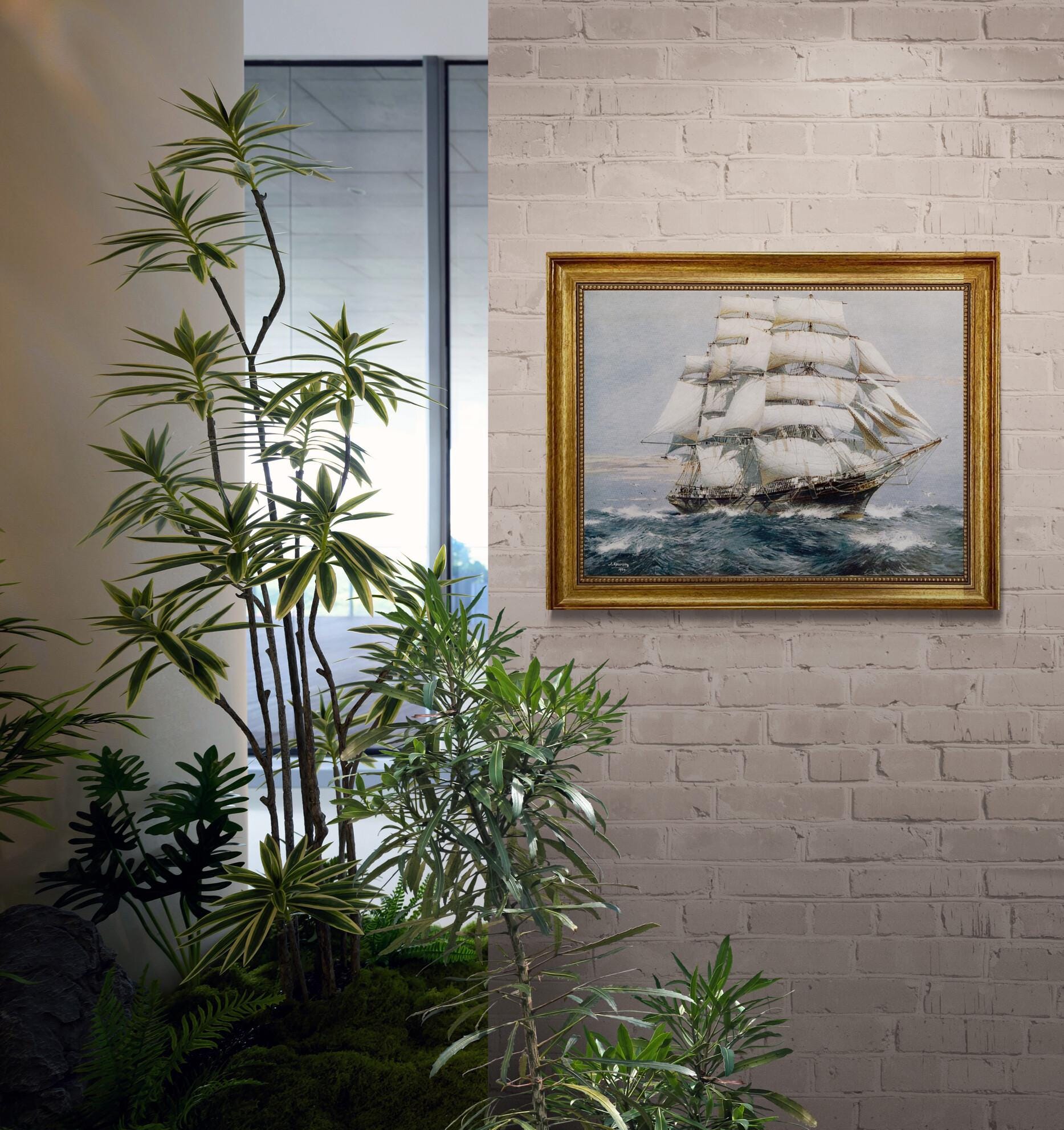 Cutty Sark by Jack Spurling, Gliclée canvas hand finished premium print with brush strokes and golden vintageous frame looks like original FOSHE ART