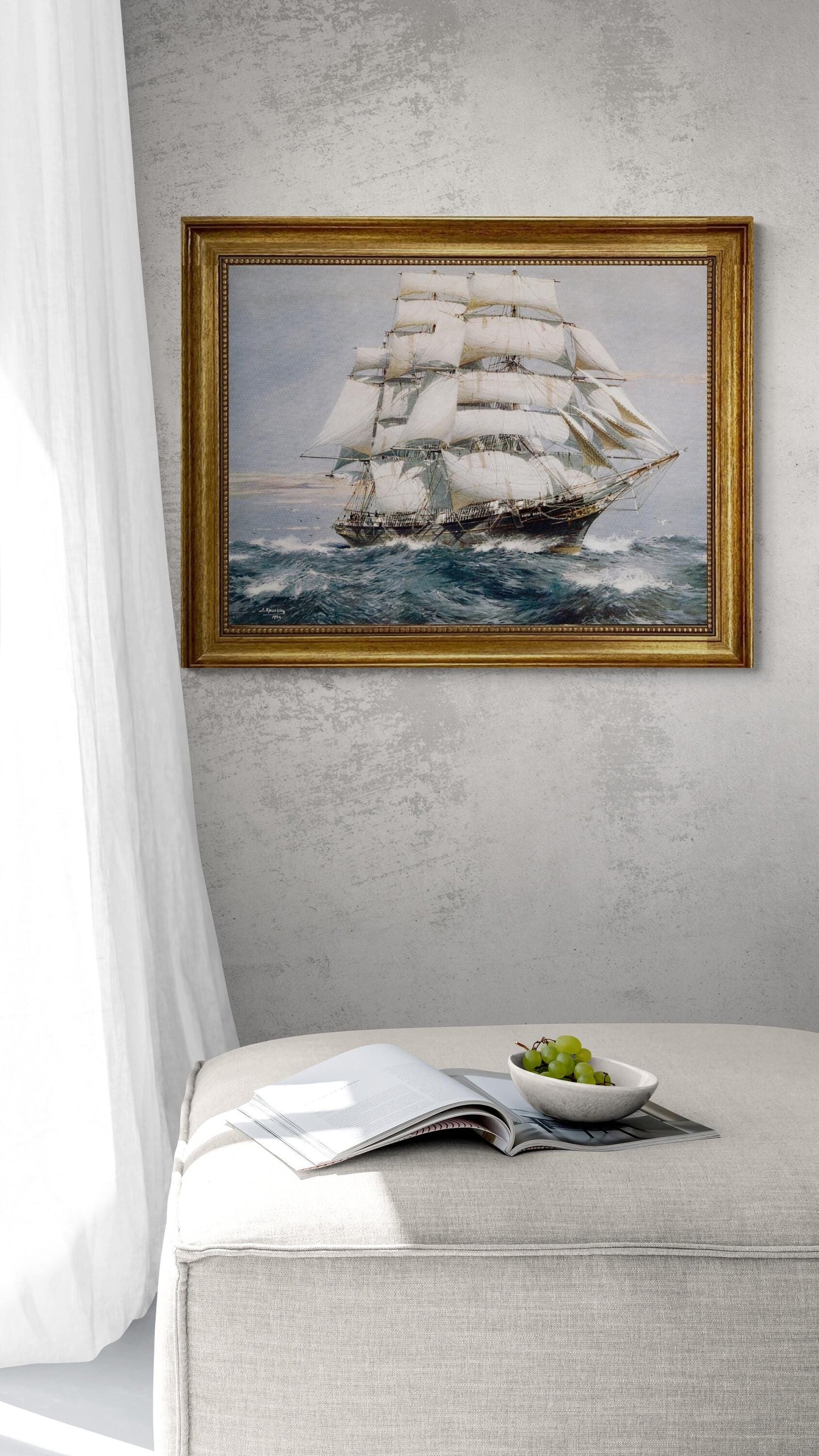 Cutty Sark by Jack Spurling, Gliclée canvas hand finished premium print with brush strokes and golden vintageous frame looks like original FOSHE ART