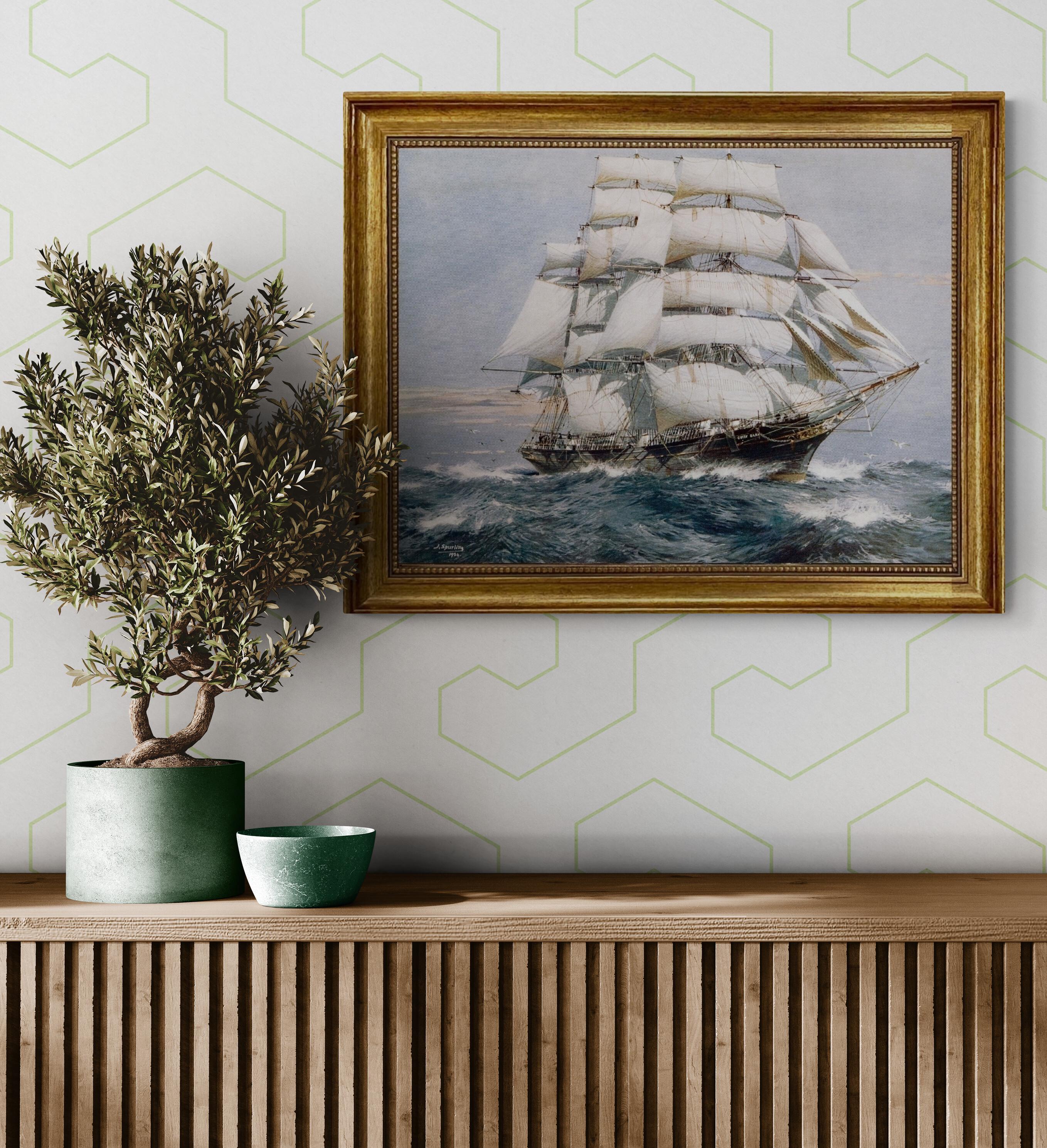 Cutty Sark Canvas Print: Jack Spurling Maritime Art with Golden Vintage Frame FOSHE ART