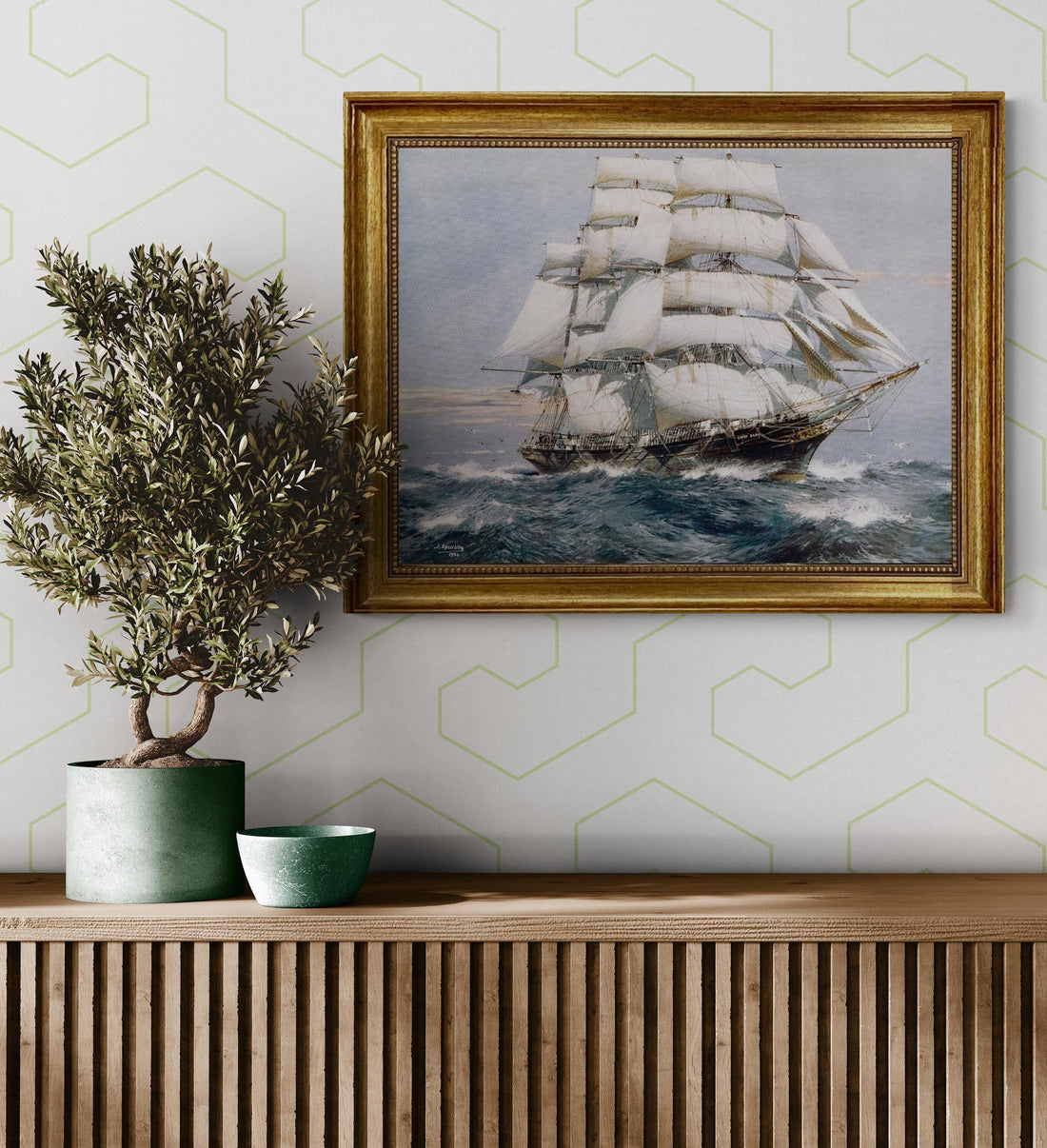 Cutty Sark Canvas Print: Jack Spurling Maritime Art with Golden Vintage Frame FOSHE ART