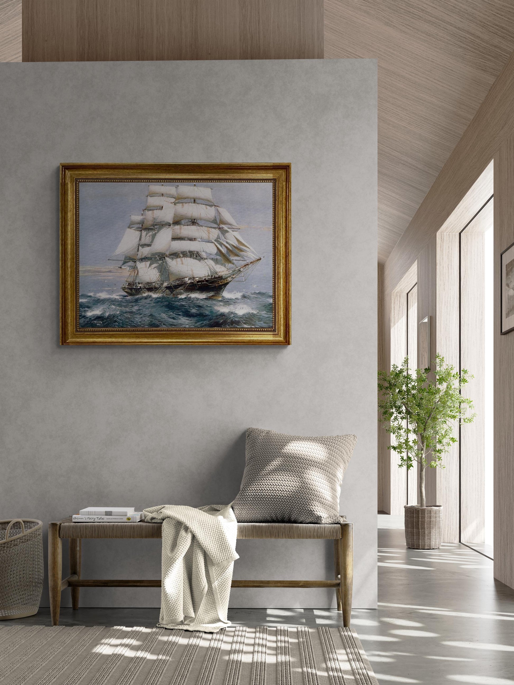 Cutty Sark by Jack Spurling, Gliclée canvas hand finished premium print with brush strokes and golden vintageous frame looks like original FOSHE ART