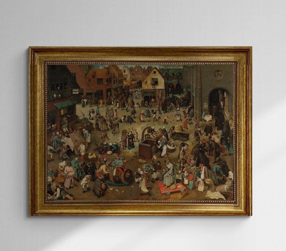 Fight between Carnival and Lent Pieter Bruege, Gliclée canvas 3D hand finished premium print with brush strokes and golden vintageous frame. FOSHE ART
