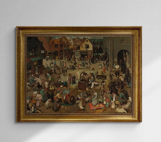 Fight between Carnival and Lent Pieter Bruege, Gliclée canvas 3D hand finished premium print with brush strokes and golden vintageous frame. FOSHE ART