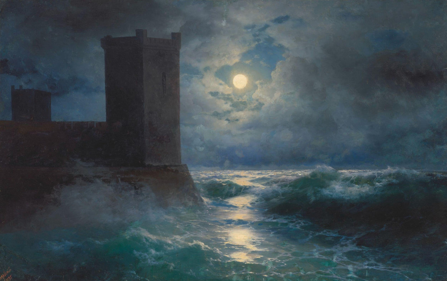Aivazovsky Genoese towers in Black Sea, Gliclée canvas premium print with brush strokes and golden vintageous frame, looks like original art FOSHE ART