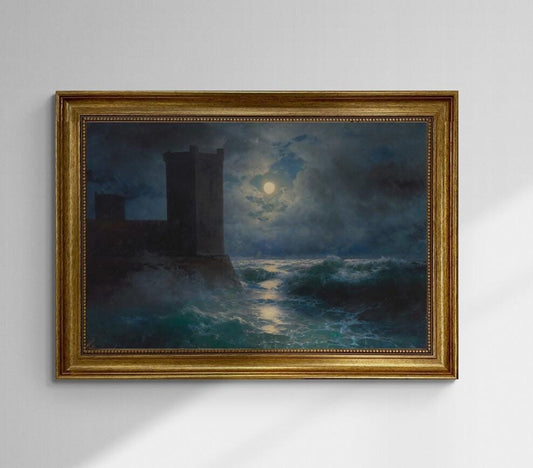 Aivazovsky Genoese towers in Black Sea, Gliclée canvas premium print with brush strokes and golden vintageous frame, looks like original art FOSHE ART
