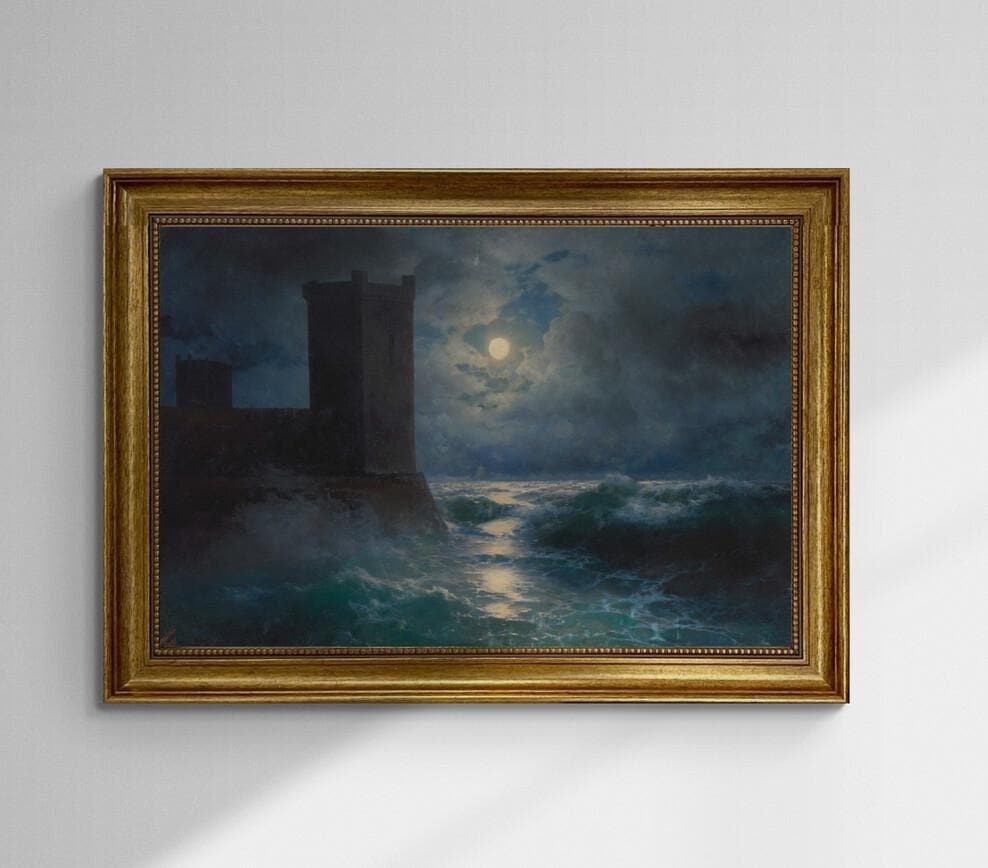Aivazovsky Black Sea Towers Print, Golden Vintage Frame, Textured Canvas FOSHE ART