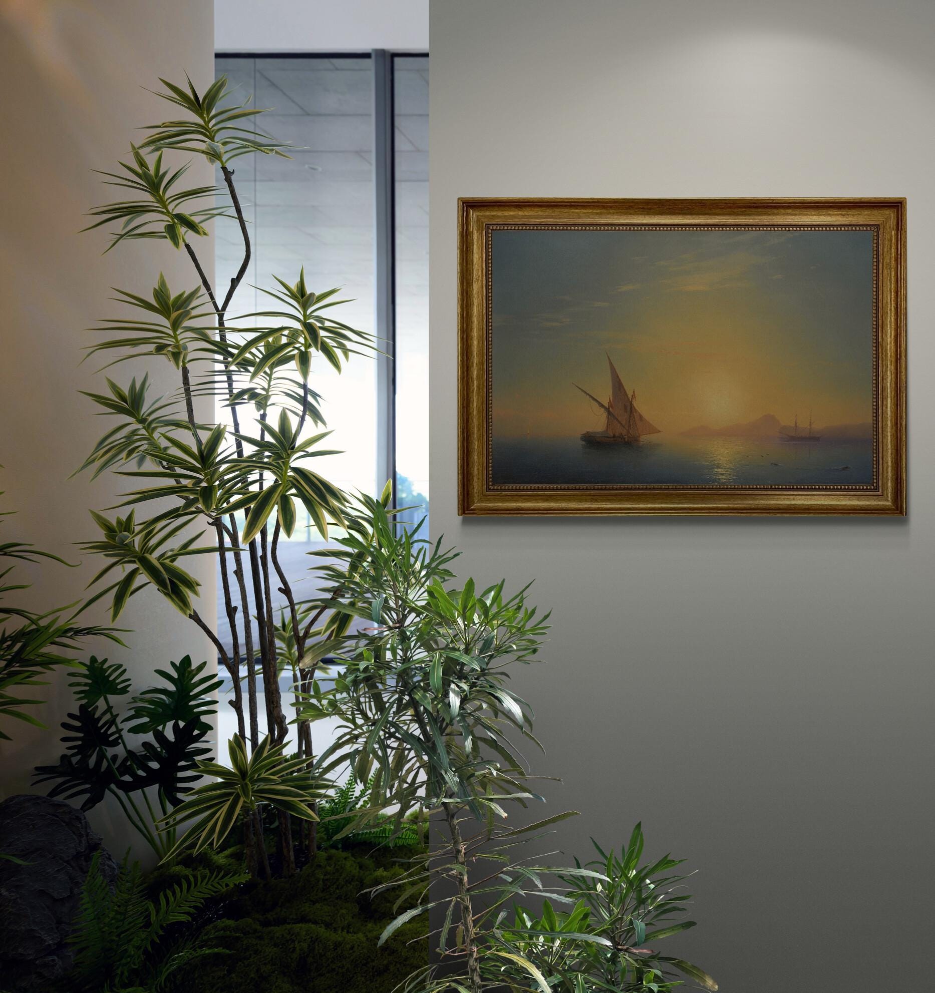 Sunset over Ischia painting by Aivazovsky, framed premium canvas print, with brush strokes  and golden vintageous frame looks like original FOSHE ART