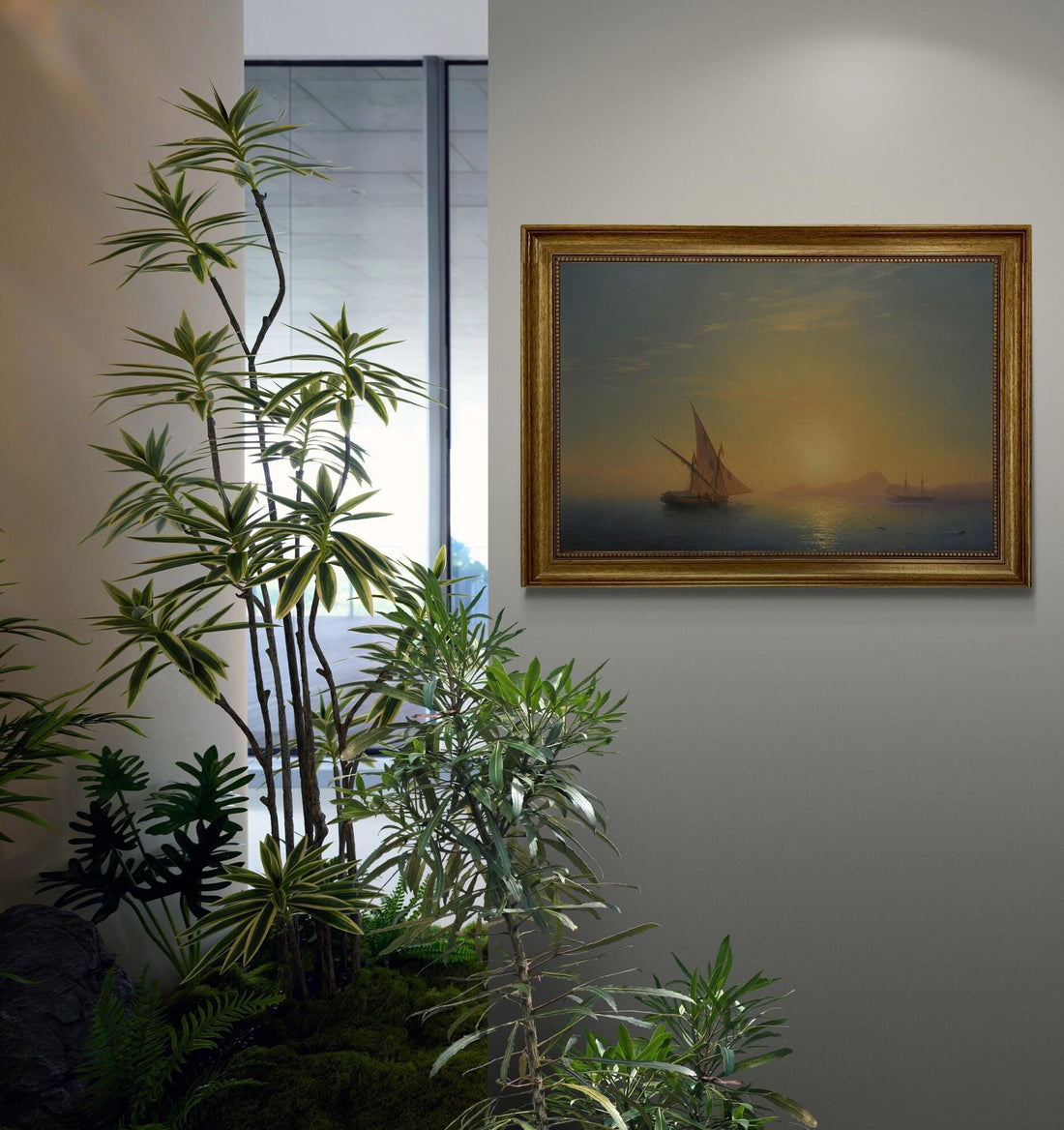 Aivazovsky Sunset Over Ischia Painting, Framed Canvas Print, Golden Vintage Frame FOSHE ART