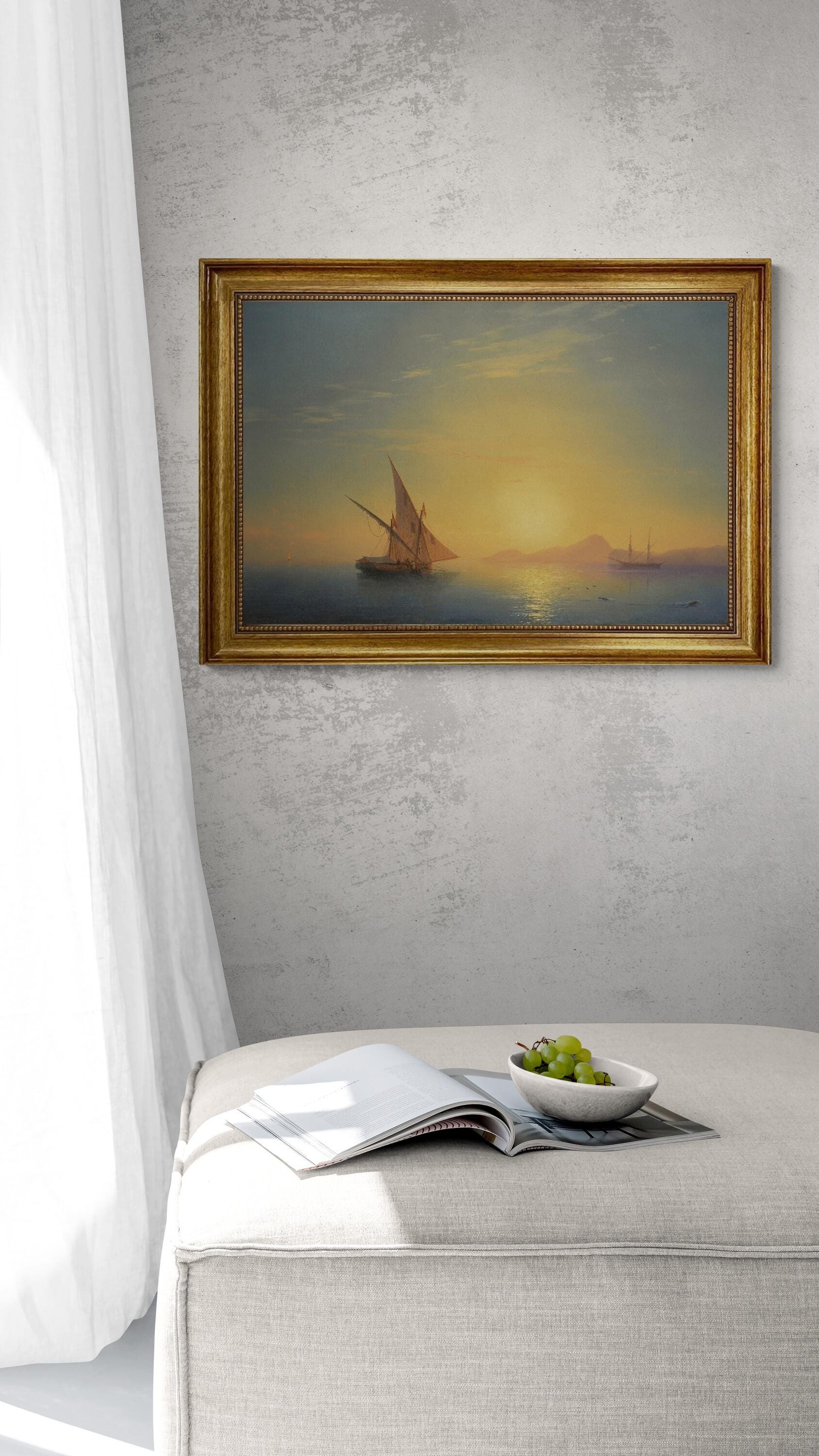 Sunset over Ischia painting by Aivazovsky, framed premium canvas print, with brush strokes  and golden vintageous frame looks like original FOSHE ART
