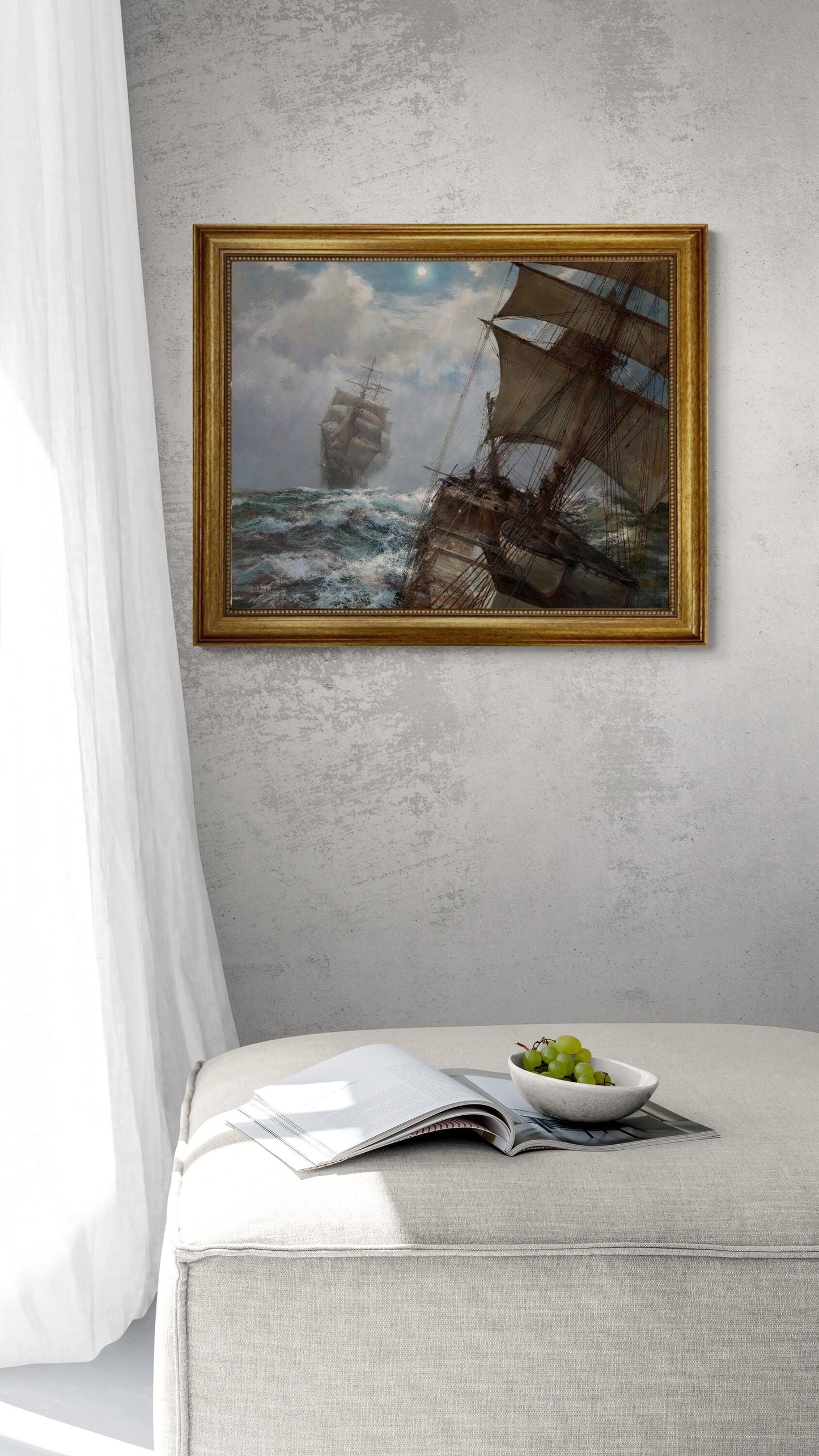 Two Clippers Noctrune by Montague Dawson, framed premium canvas print, with brush strokes  and golden vintageous frame looks like original FOSHE ART