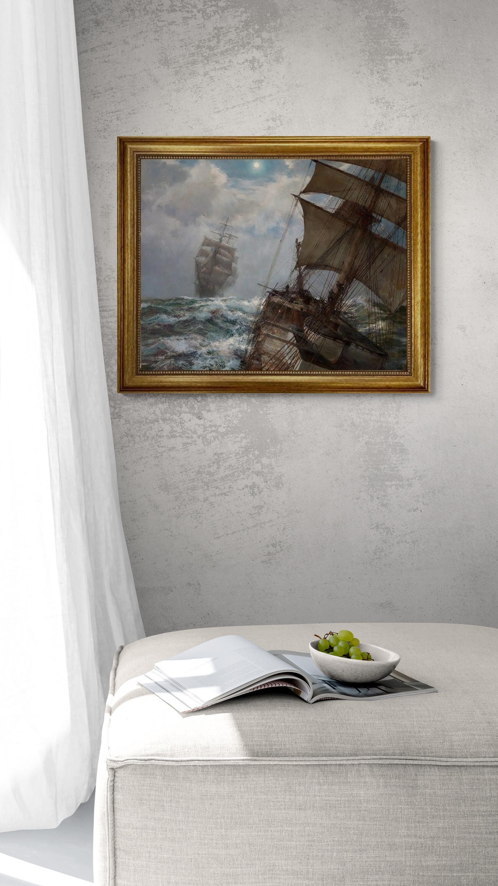 Two Clippers Noctrune by Montague Dawson, framed premium canvas print, with brush strokes  and golden vintageous frame looks like original FOSHE ART