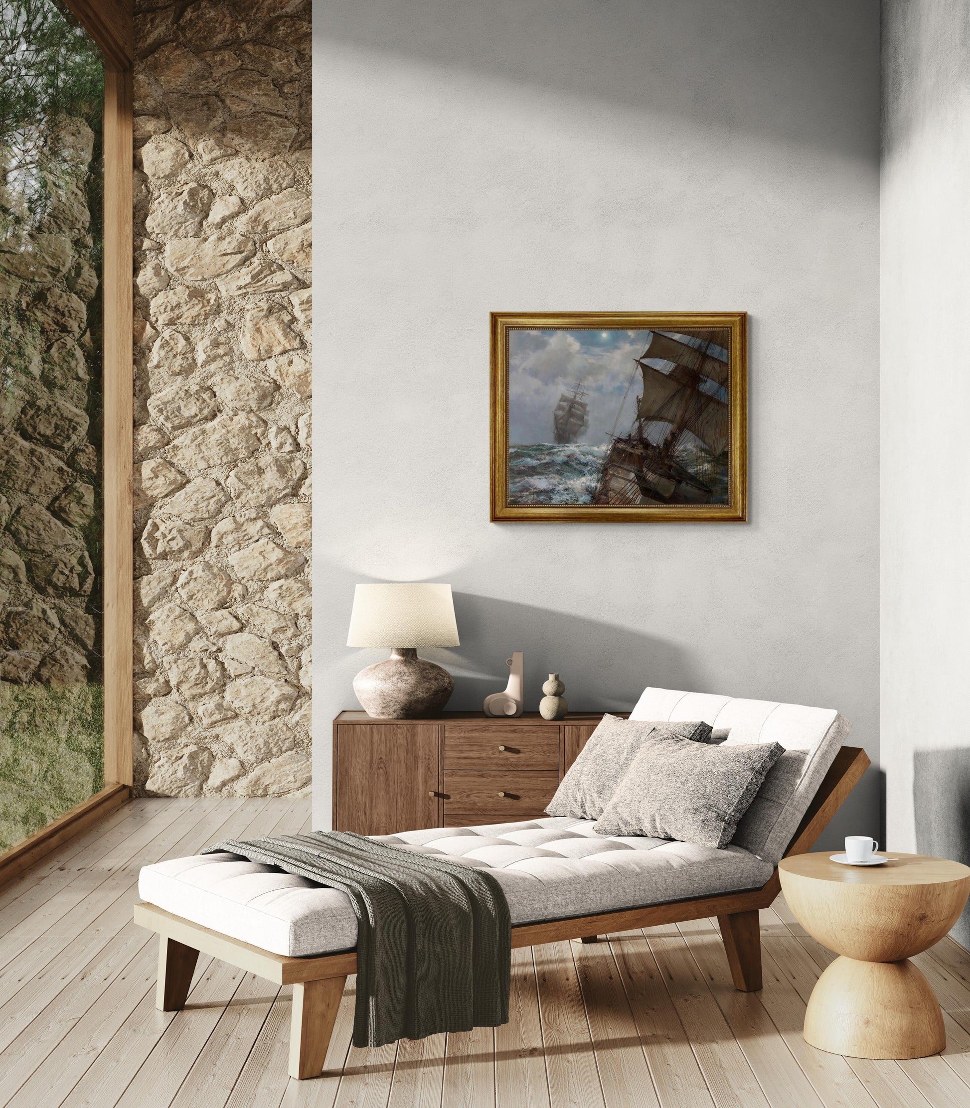 Two Clippers Noctrune by Montague Dawson, framed premium canvas print, with brush strokes  and golden vintageous frame looks like original FOSHE ART