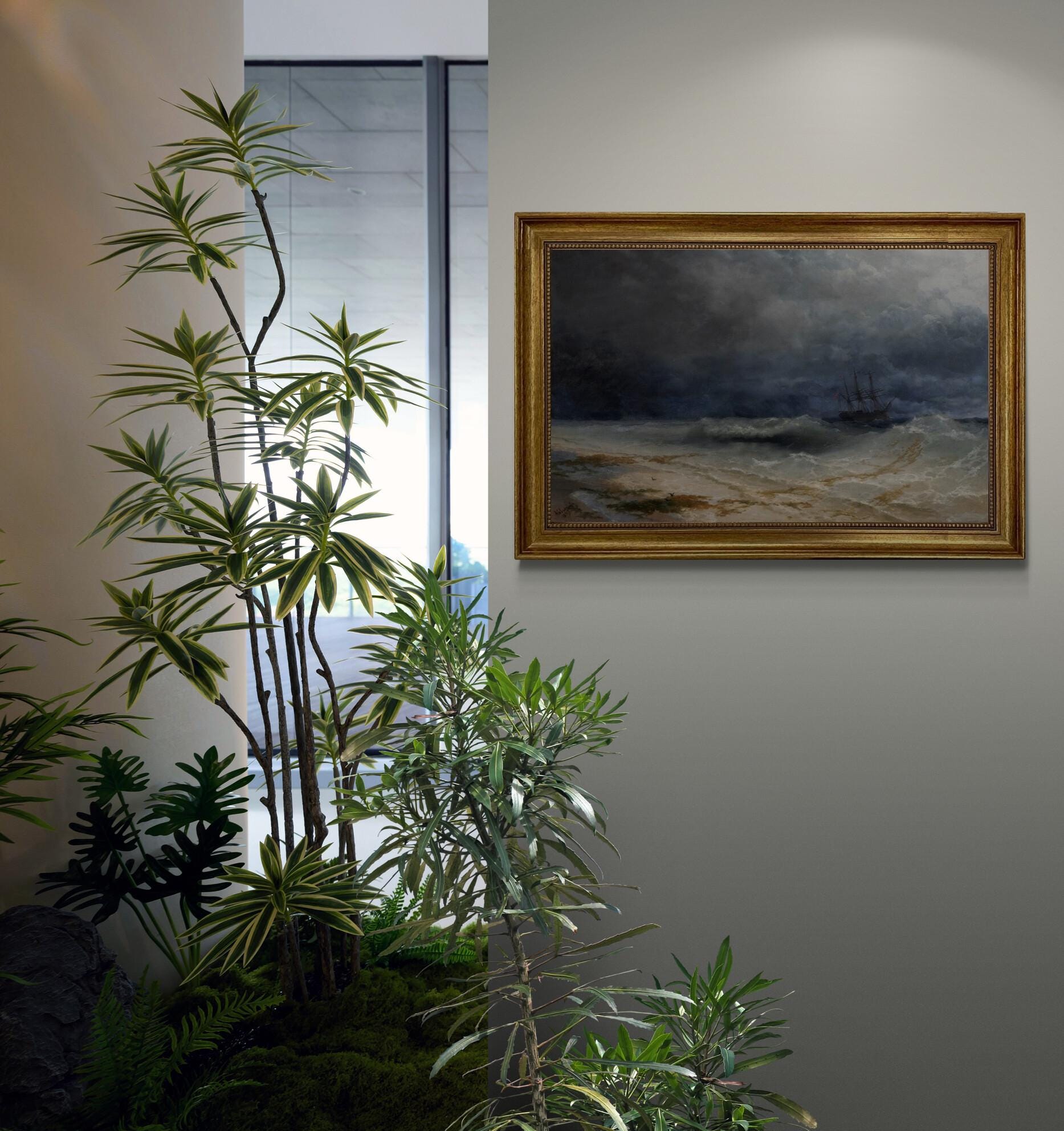 Breaking Waves by Aivazovsky Gliclée canvas hand finished premium print with brush strokes and golden vintageous frame looks like original FOSHE ART