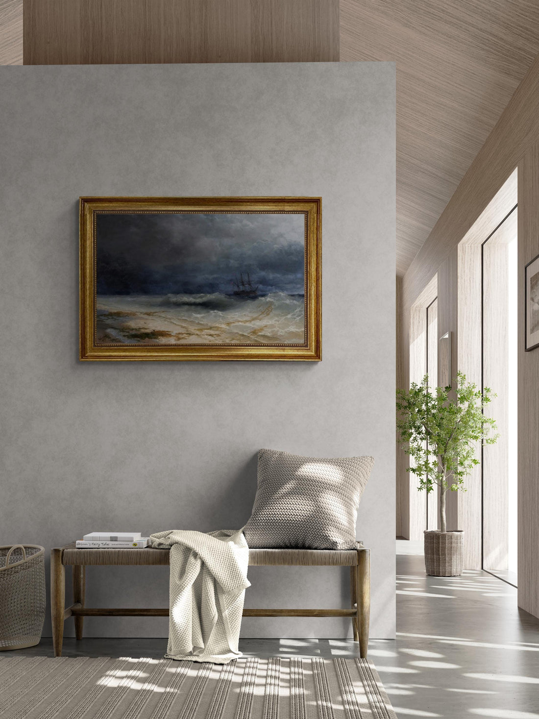 Aivazovsky Breaking Waves Canvas Print with Golden Vintage Frame FOSHE ART