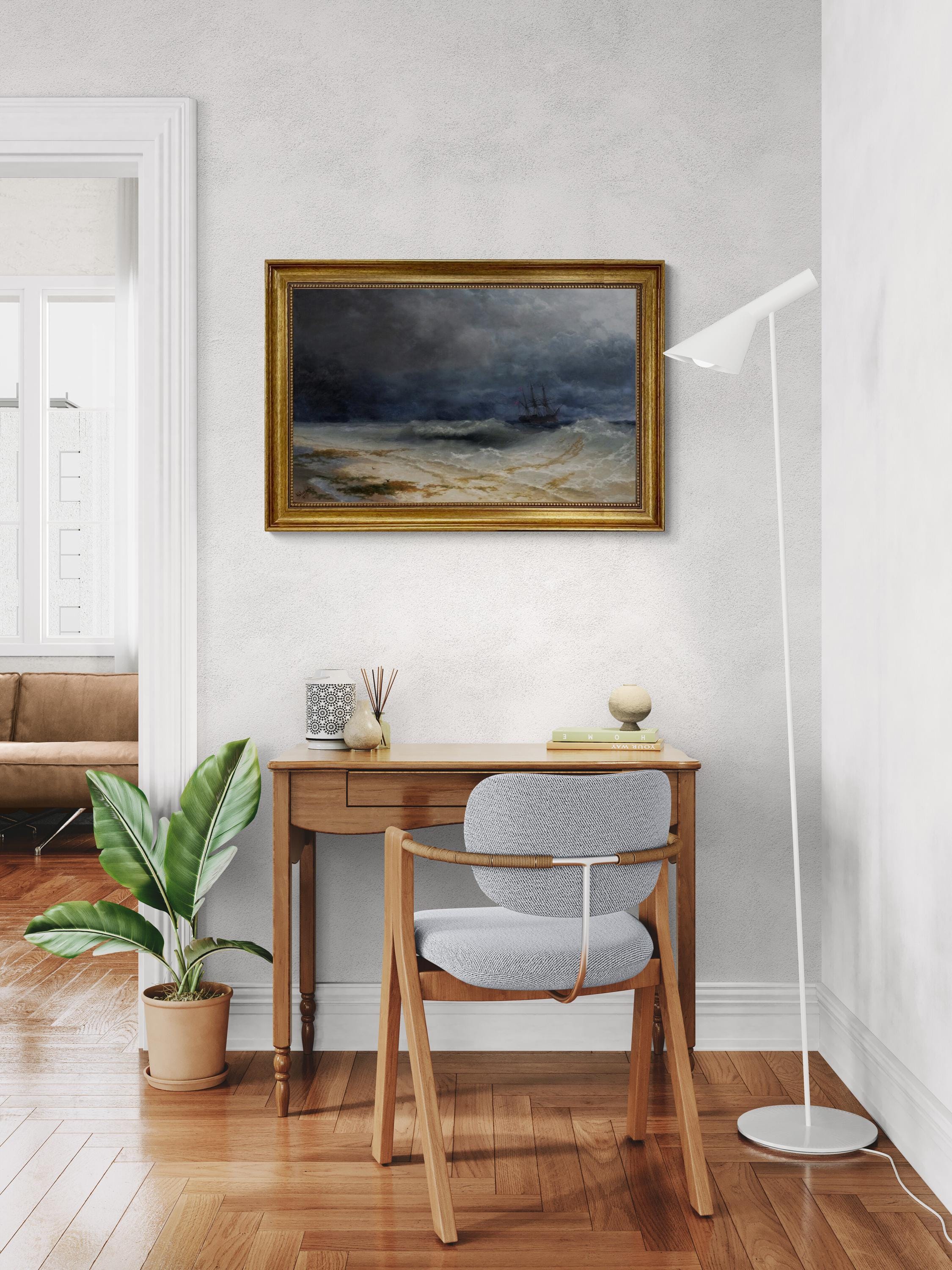 Aivazovsky Breaking Waves Canvas Print with Golden Vintage Frame FOSHE ART