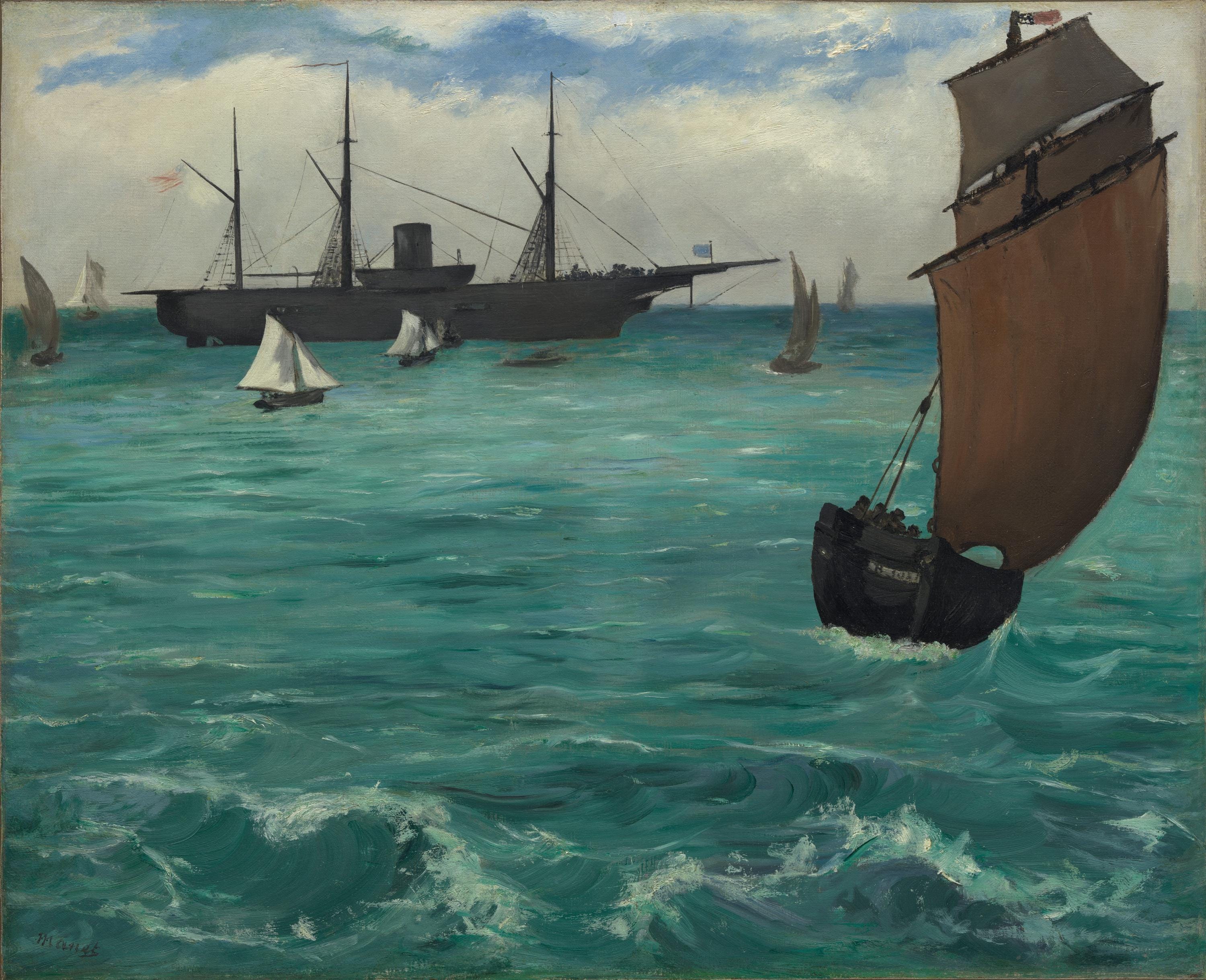 Naval Battle, Edouard Manet, Gliclée canvas hand finished premium print with brush strokes and golden vintageous frame looks like original FOSHE ART
